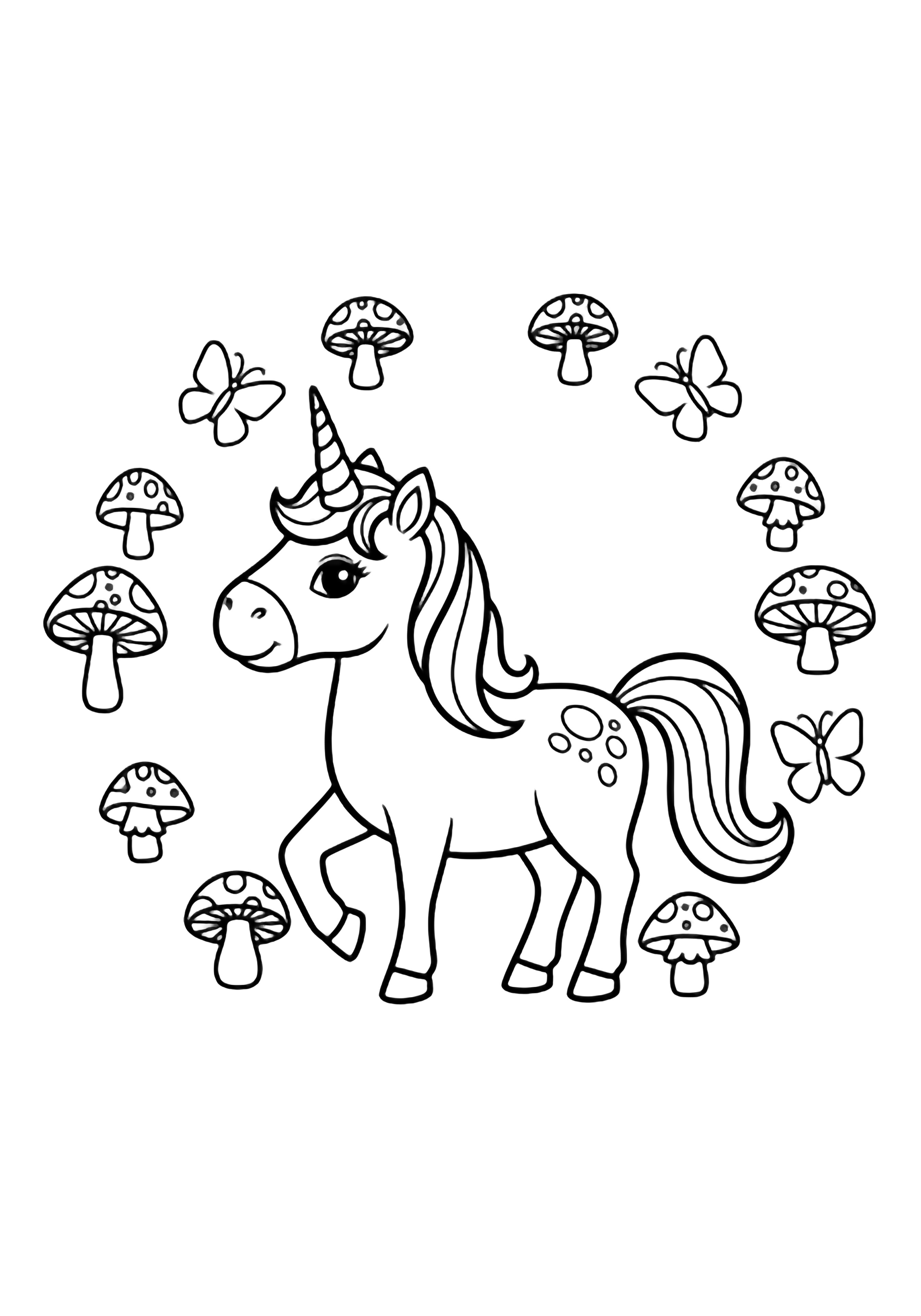 A smiling unicorn with an arched tail and spiraling horn, surrounded by simple mushrooms and butterflies arranged in gentle symmetry. kleurplaat