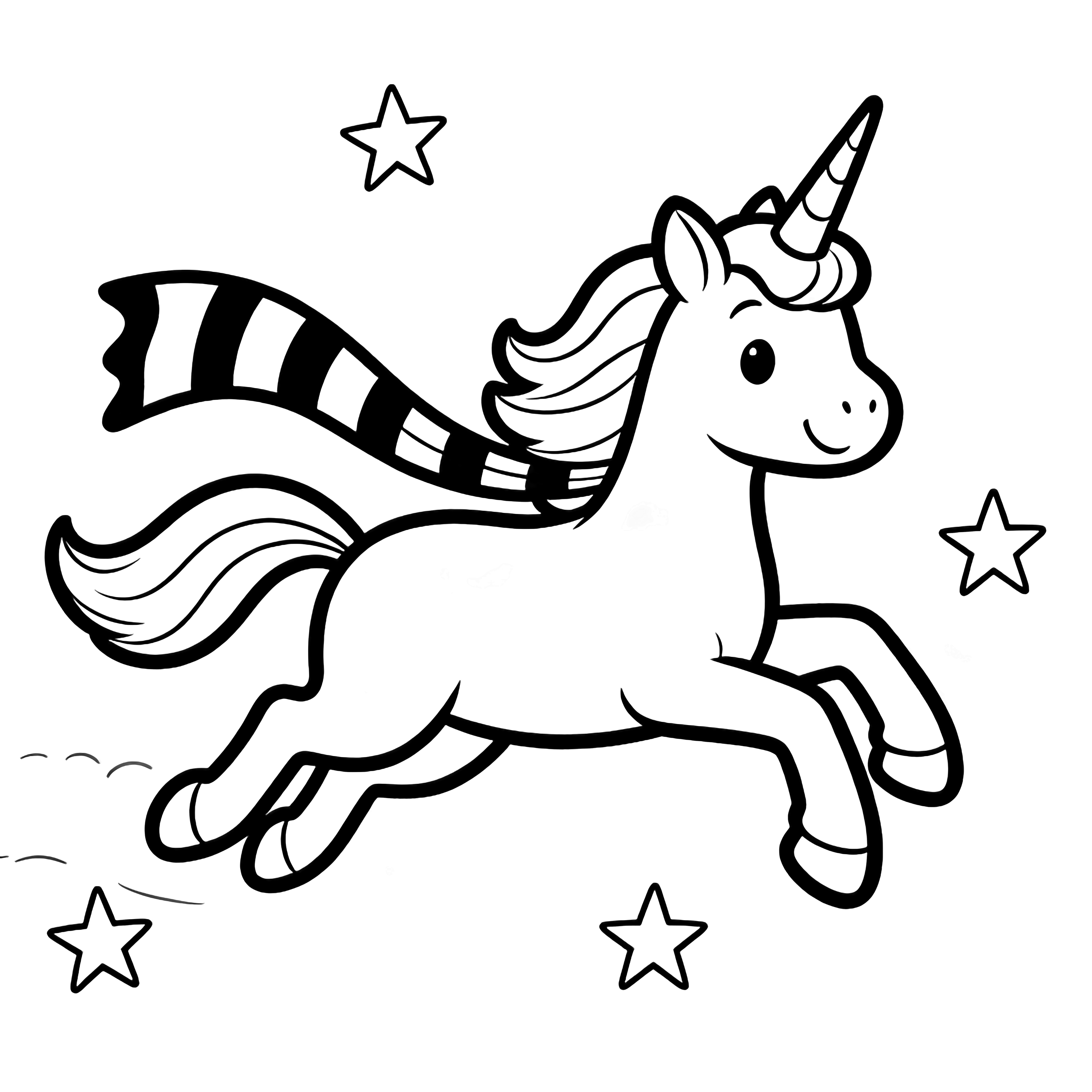 A smiling unicorn with flowing mane and fluttering striped scarf glides across the page, surrounded by twinkling five-point stars. kleurplaat