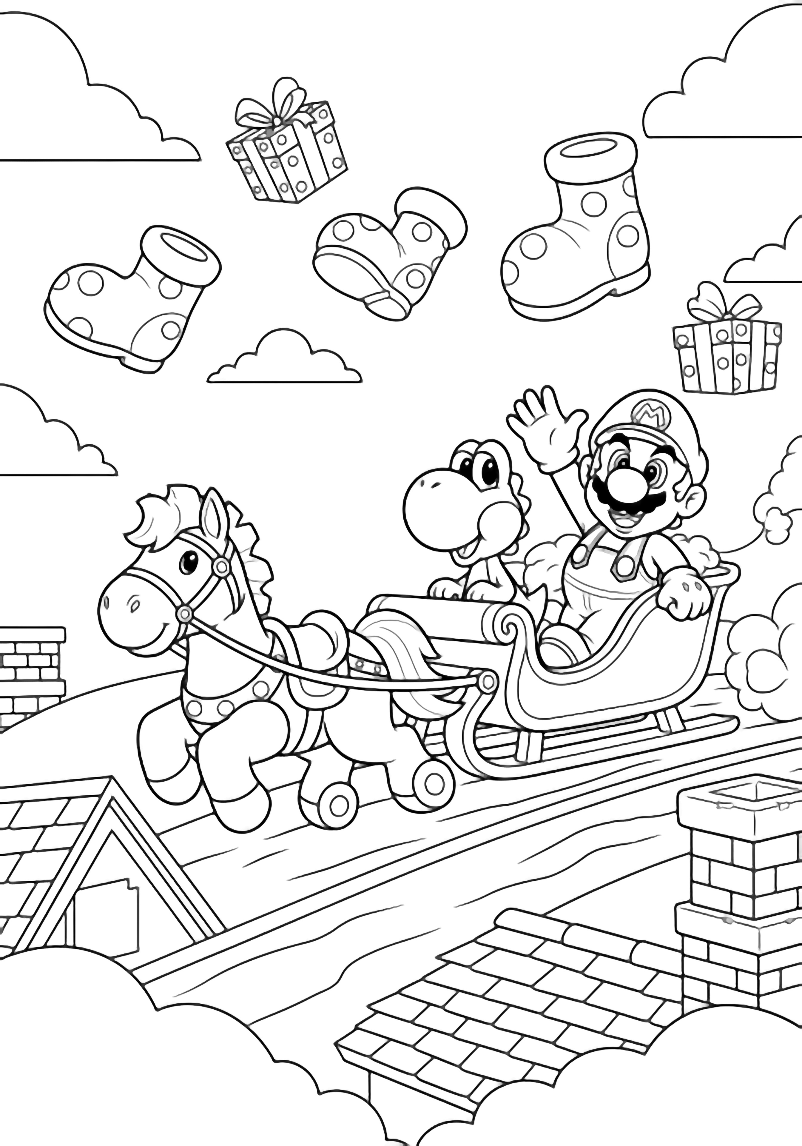 Mario waves from a sleigh beside Yoshi while a pony pulls them across rooftops; toy boots and gift boxes tumble through the sky amid clouds and chimneys. kleurplaat