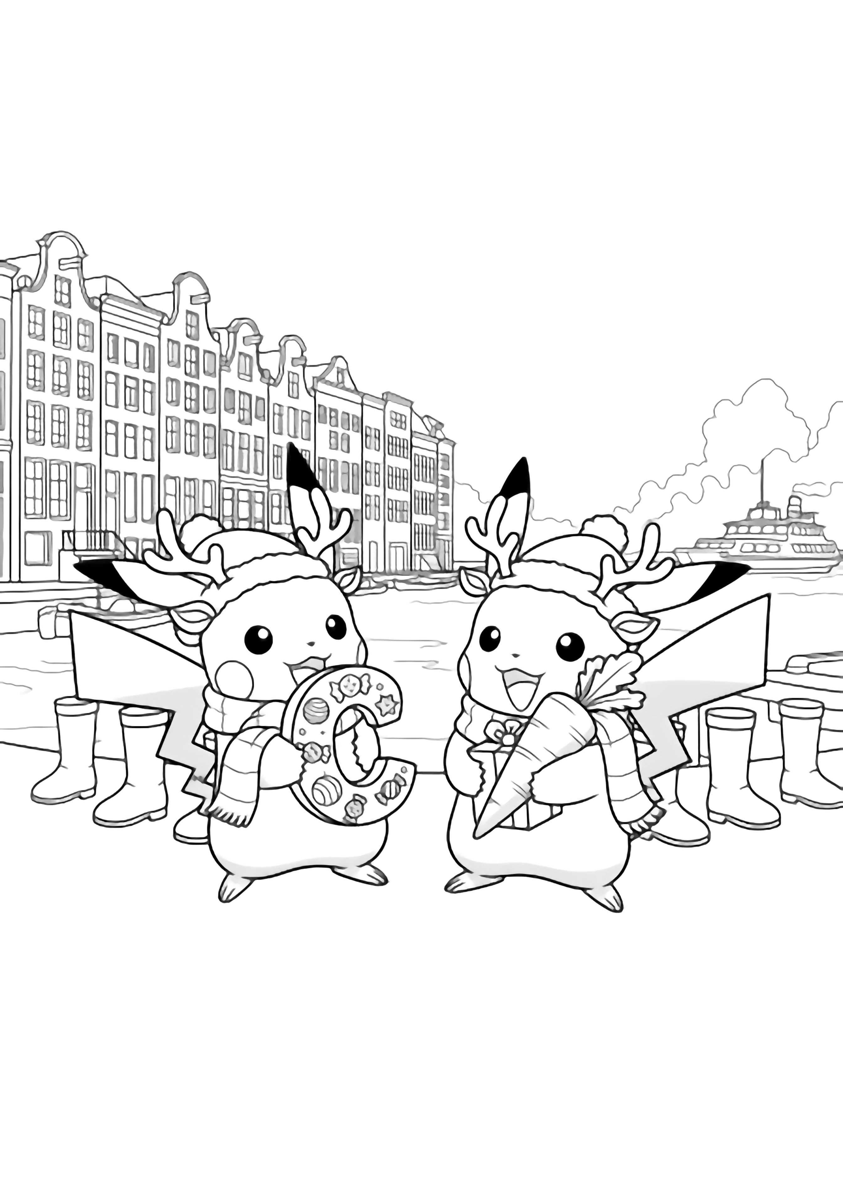 Two Pikachus in festive scarves deliver candy letters and carrots beside canal houses with empty boots, ferry silhouette beyond. kleurplaat