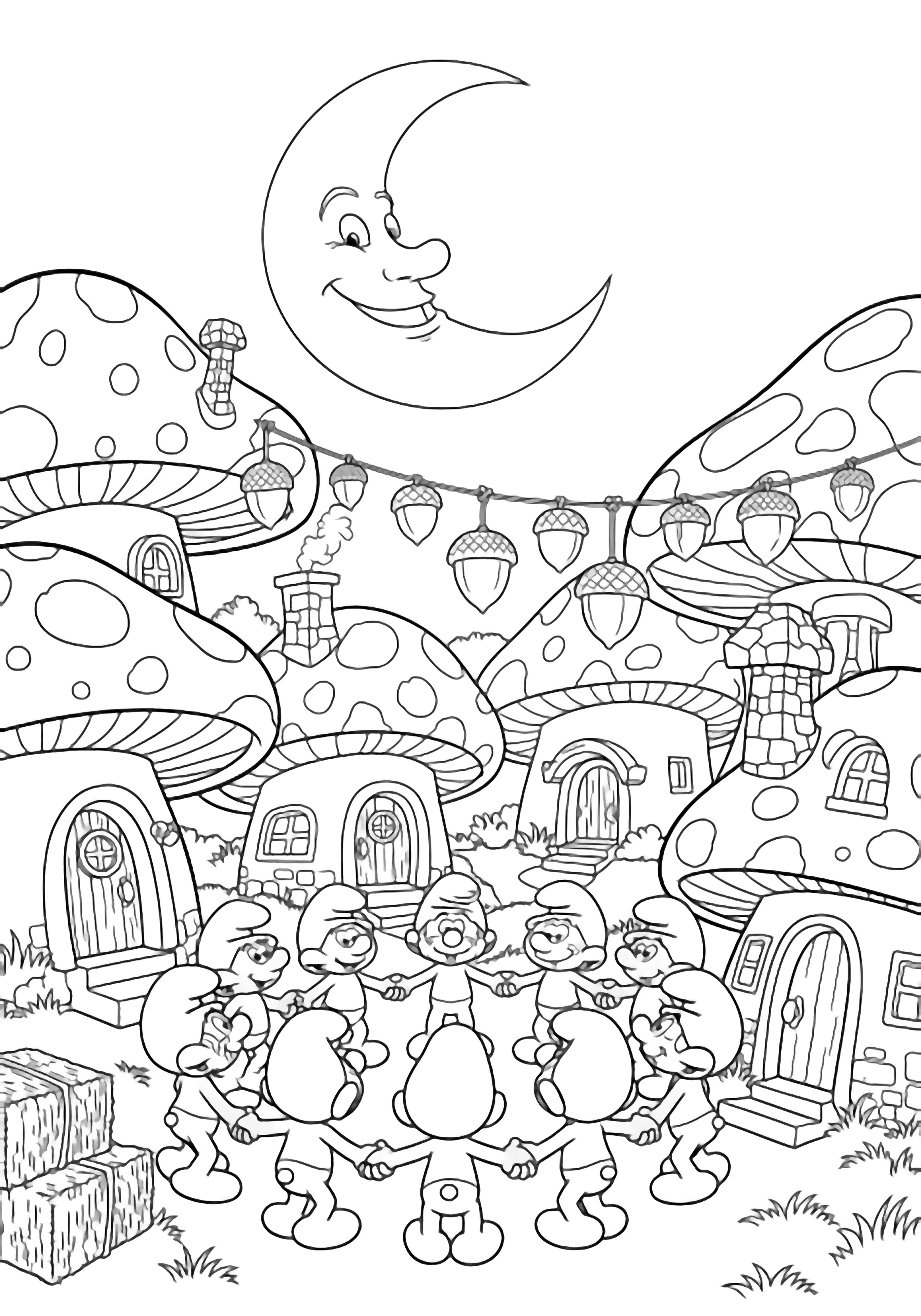 Smurf Village mushroom houses, Smurfs holding hands in circle, acorn-lantern strings, hay bales, smiling moon above kleurplaat