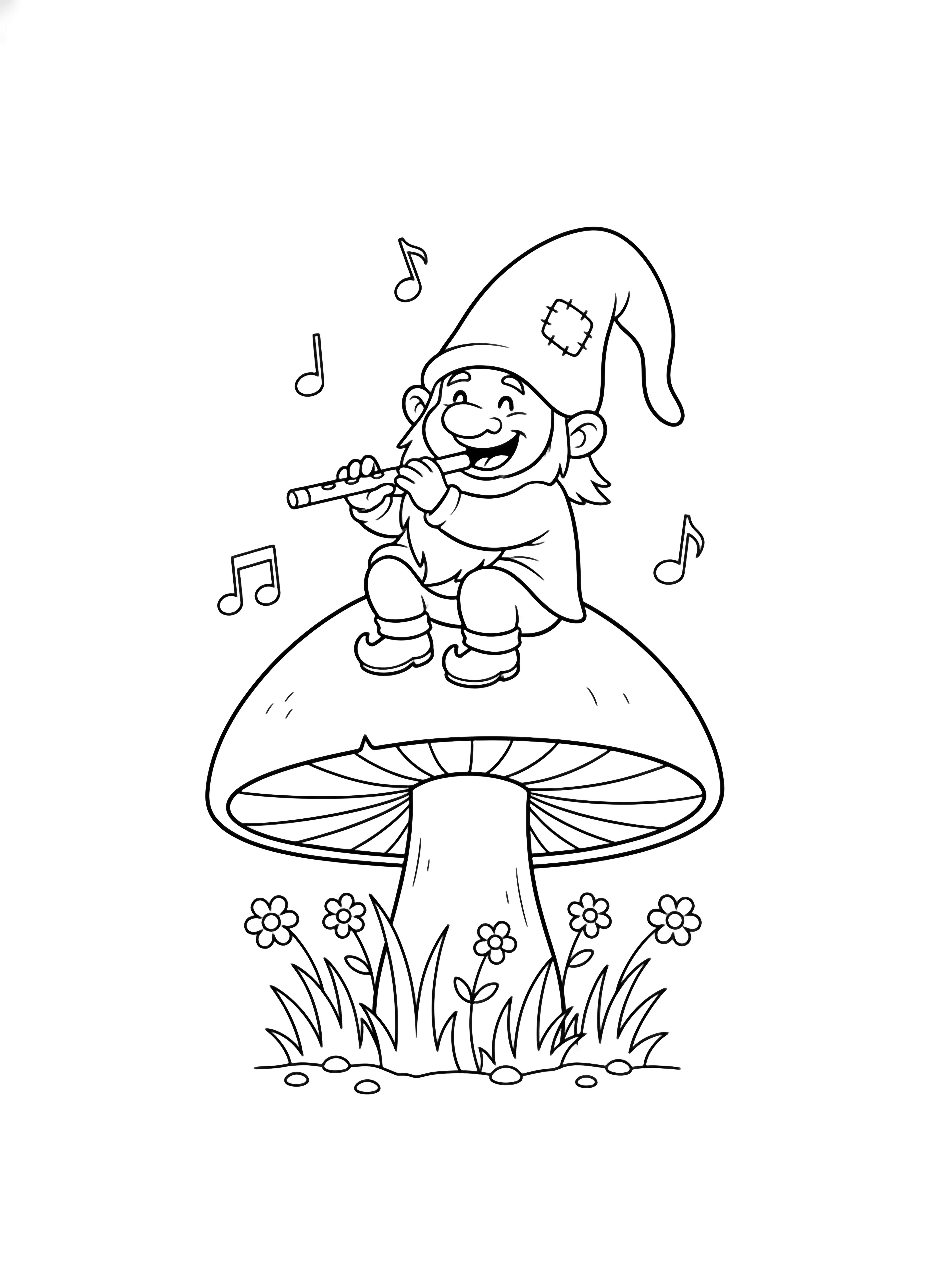 A cheerful gnome with a drooping hat sits on a big round mushroom playing a flute, surrounded by grass, tiny flowers, and drifting music notes. kleurplaat