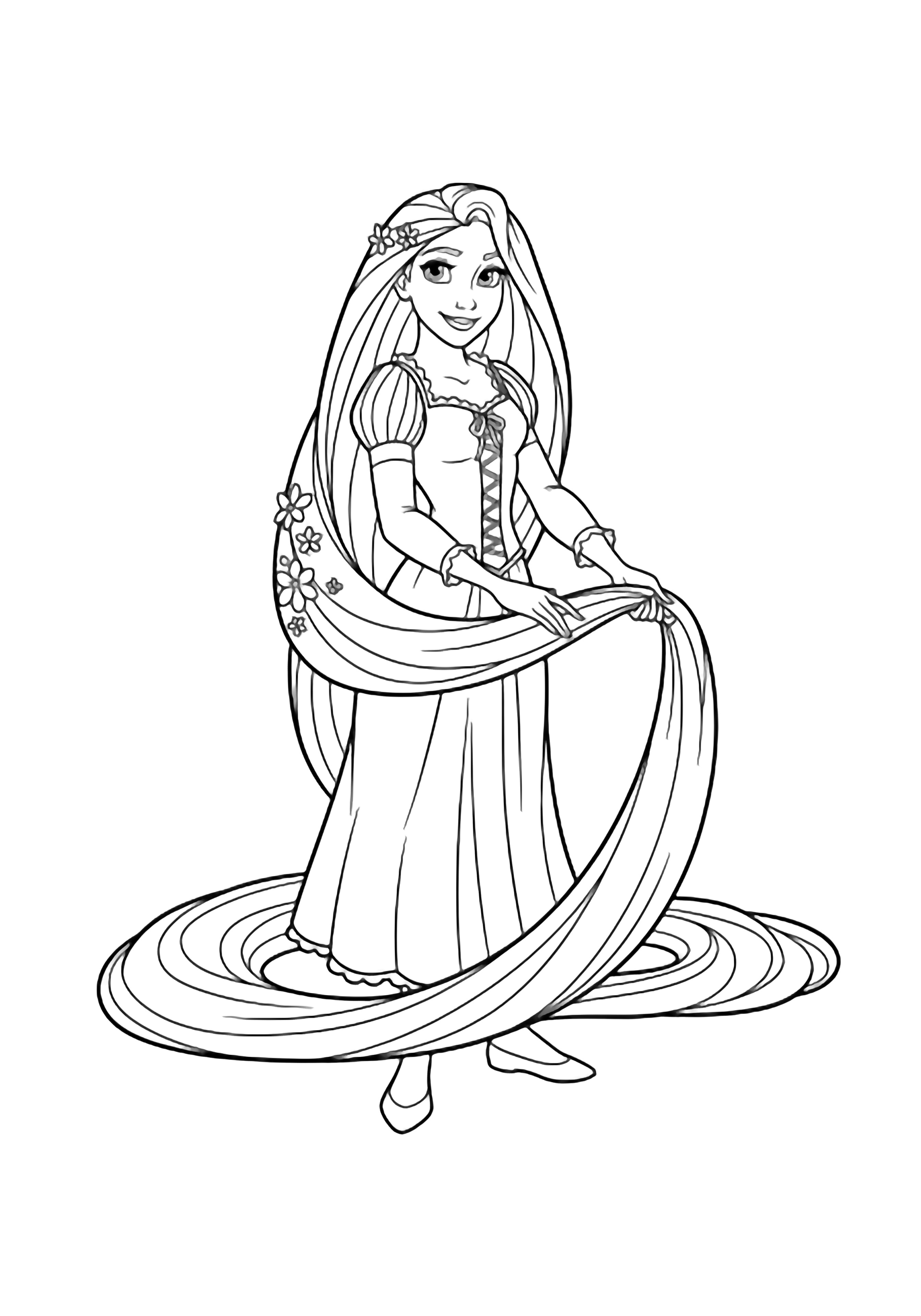 Rapunzel stands centered, her long hair looping around her like a ribbon. kleurplaat