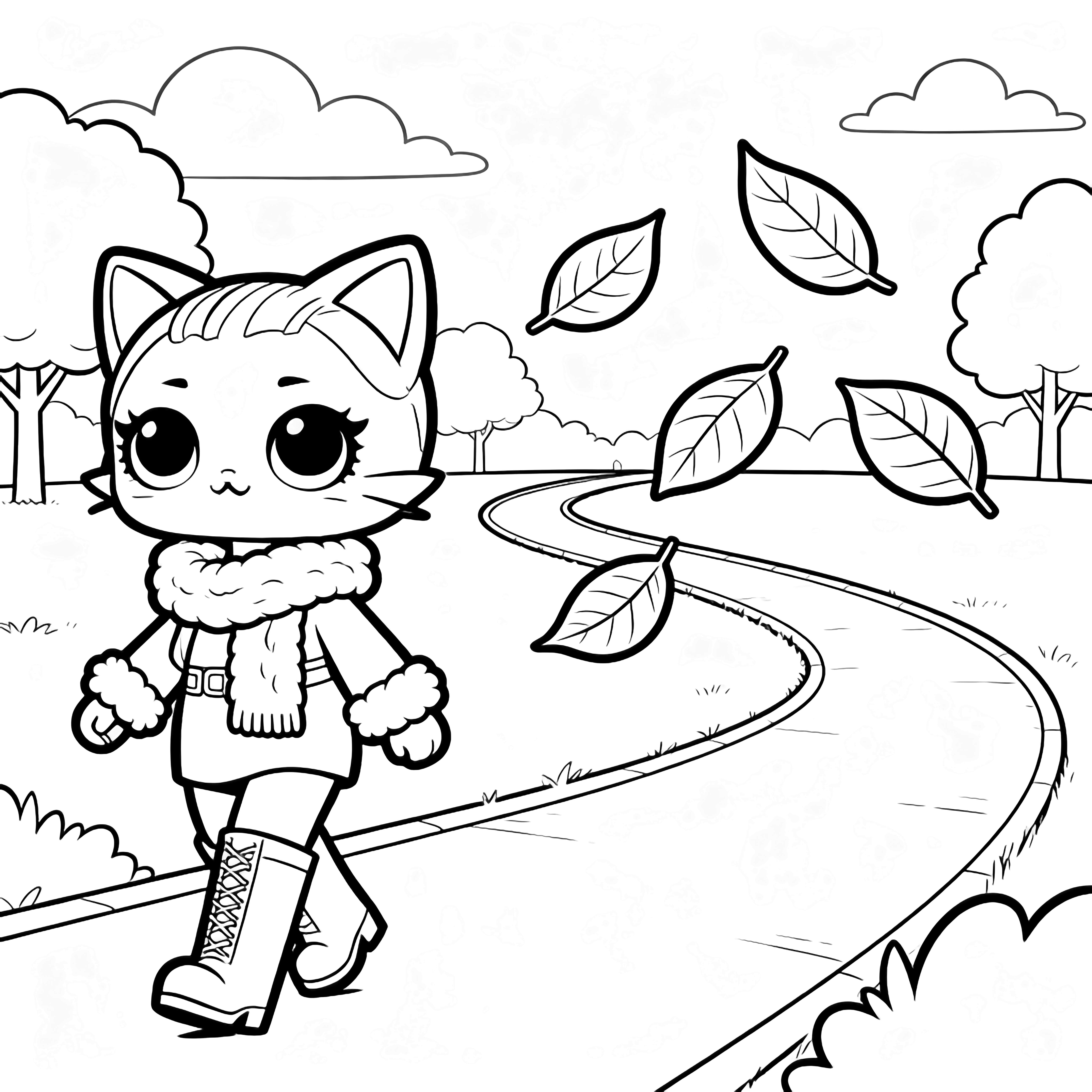 LOL Surprise Kitty Queen walks left in scarf and boots; park path curves behind, six leaves drift, simple trees and clouds. kleurplaat