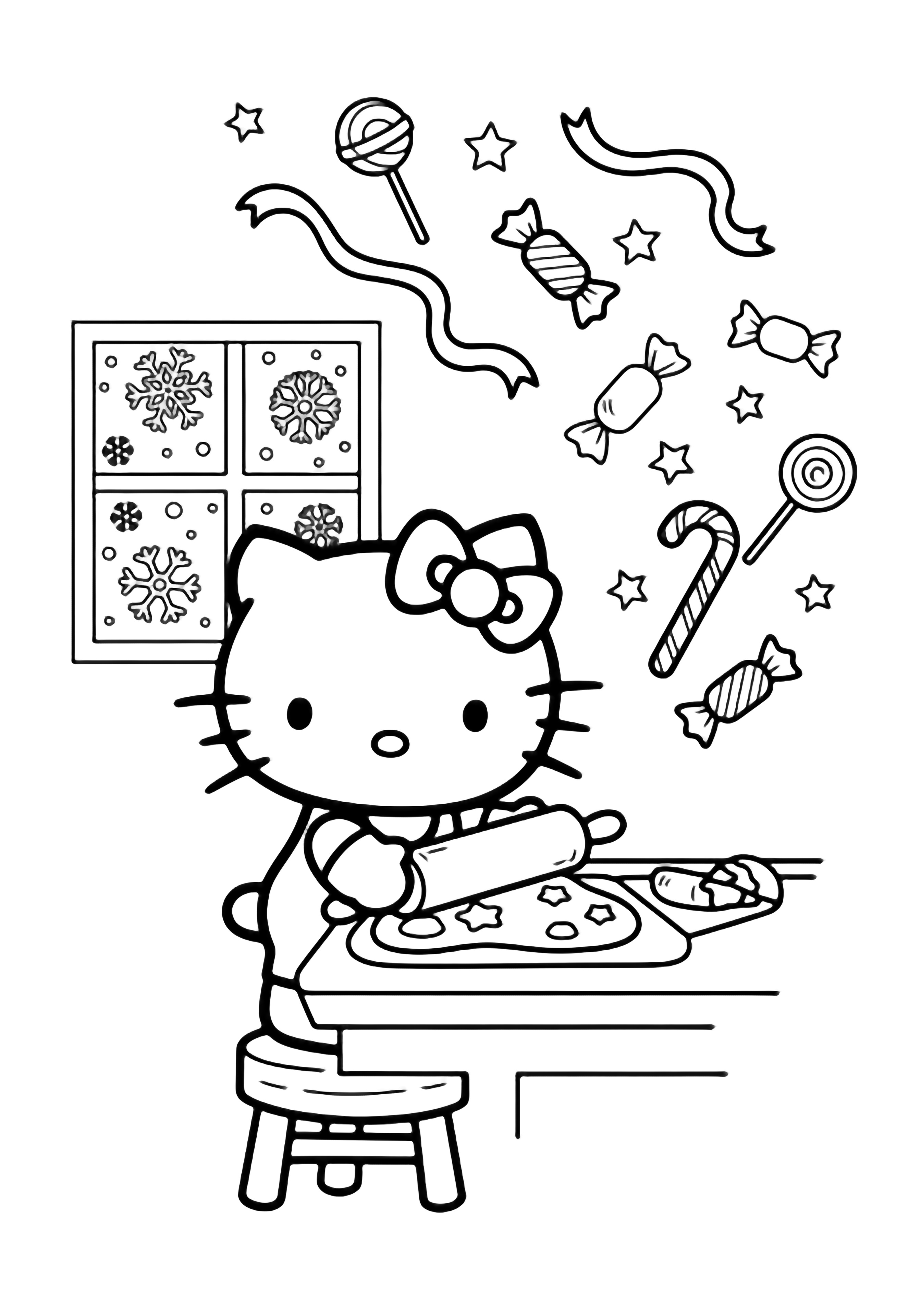 Hello Kitty on a stool rolling cookie dough at a kitchen counter, surrounded by ribbons, stars, and candy, with a window and snowflakes behind her. kleurplaat
