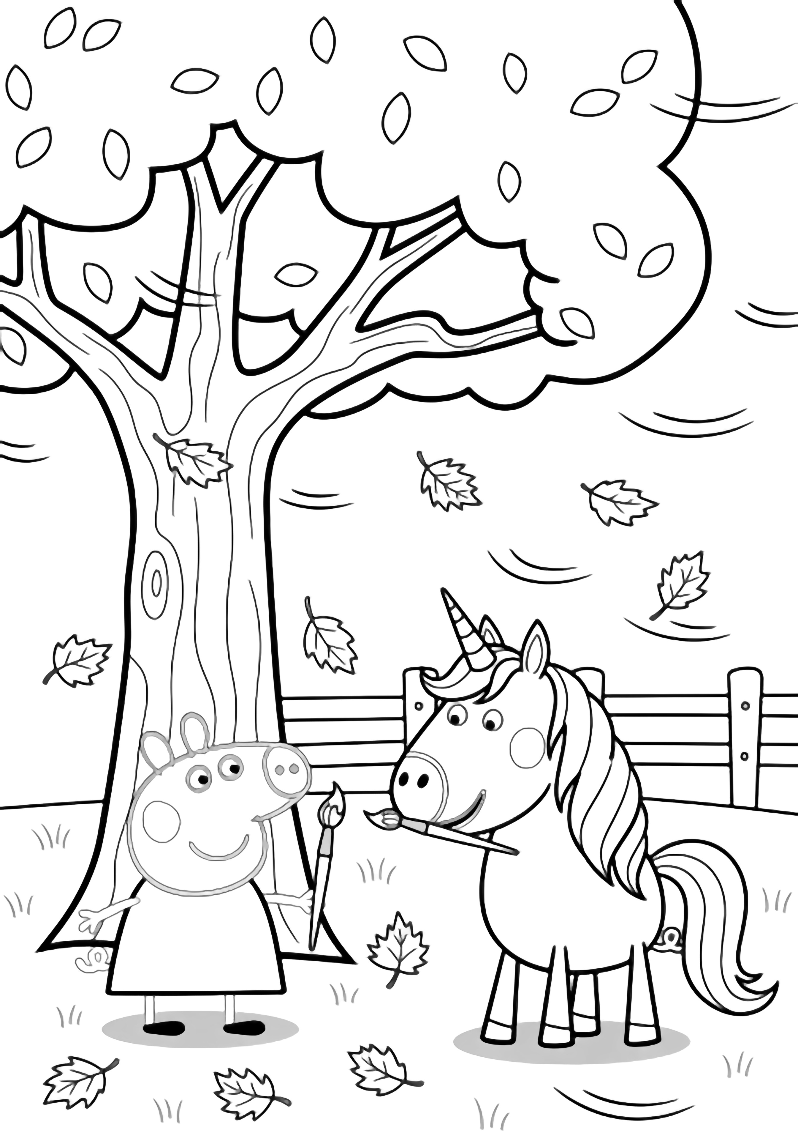 Peppa Pig and a smiling unicorn stand under a big tree, holding paintbrushes over fallen leaves; a simple fence behind them, breeze lines in the air. kleurplaat