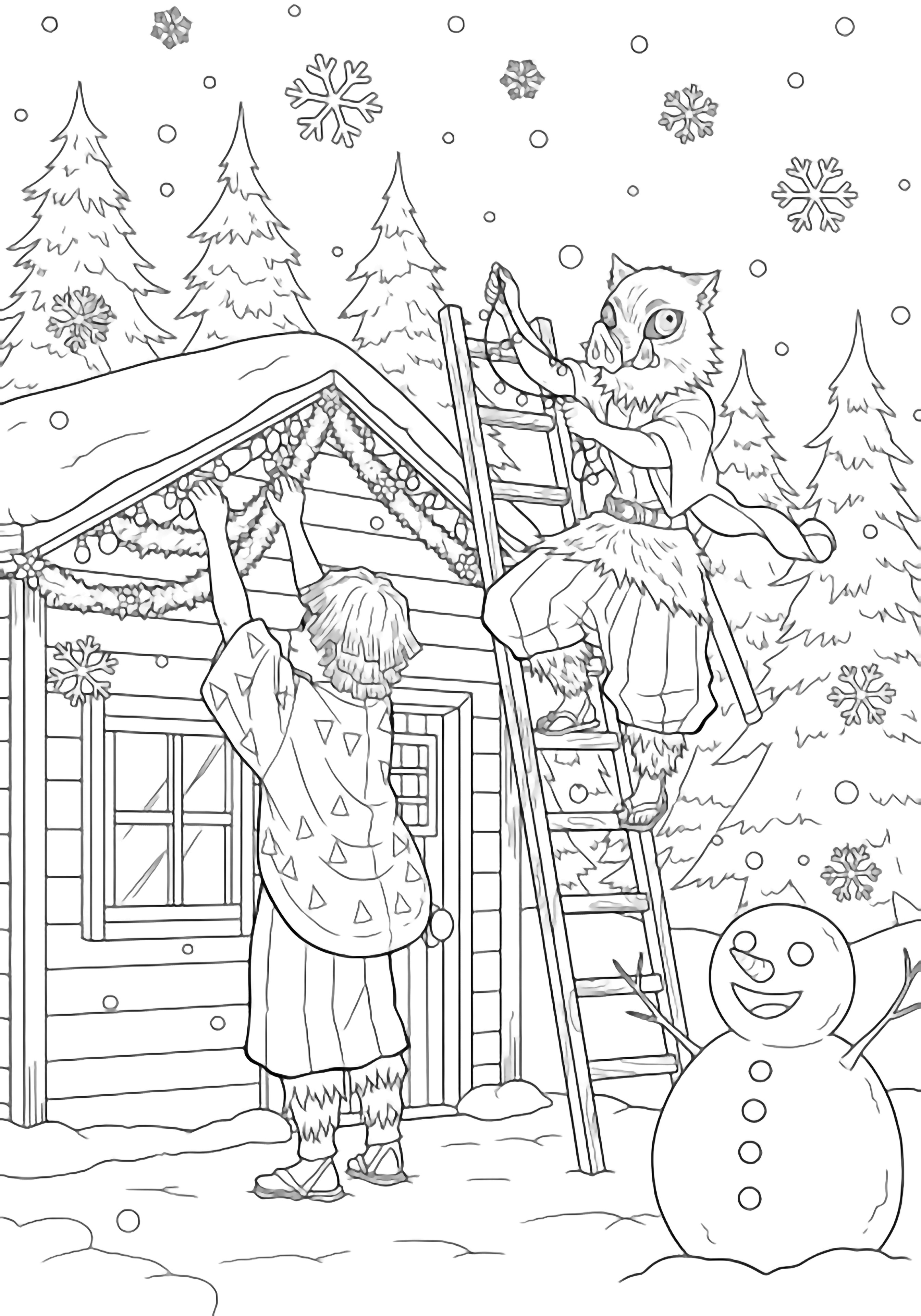 Zenitsu hangs a garland on the cabin eaves while Inosuke strings lights from a ladder, surrounded by pine trees, snowflakes, and a smiling snowman. kleurplaat