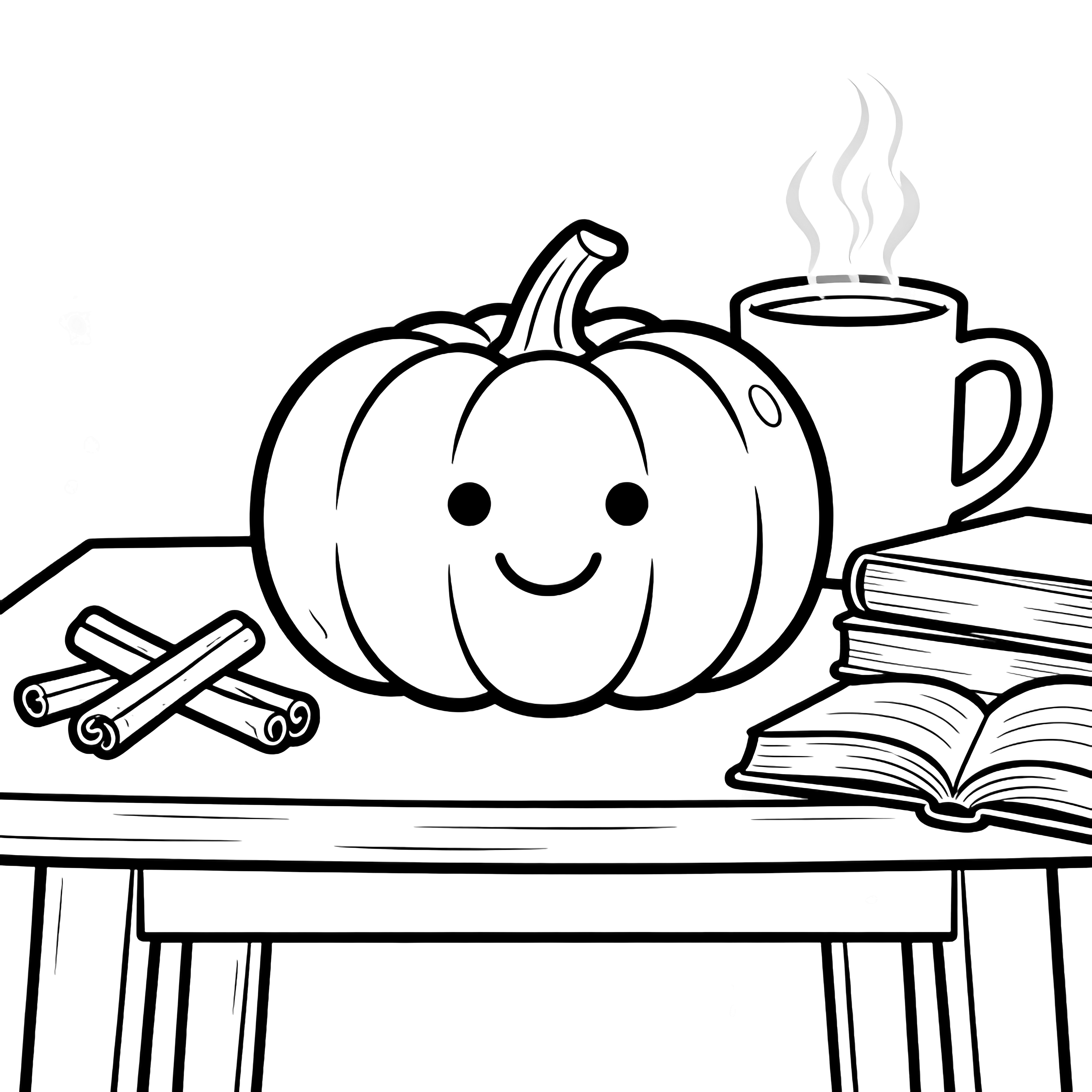 A cheerful ridged pumpkin on a sturdy table beside three cinnamon sticks, an open book, and a steaming mug. kleurplaat