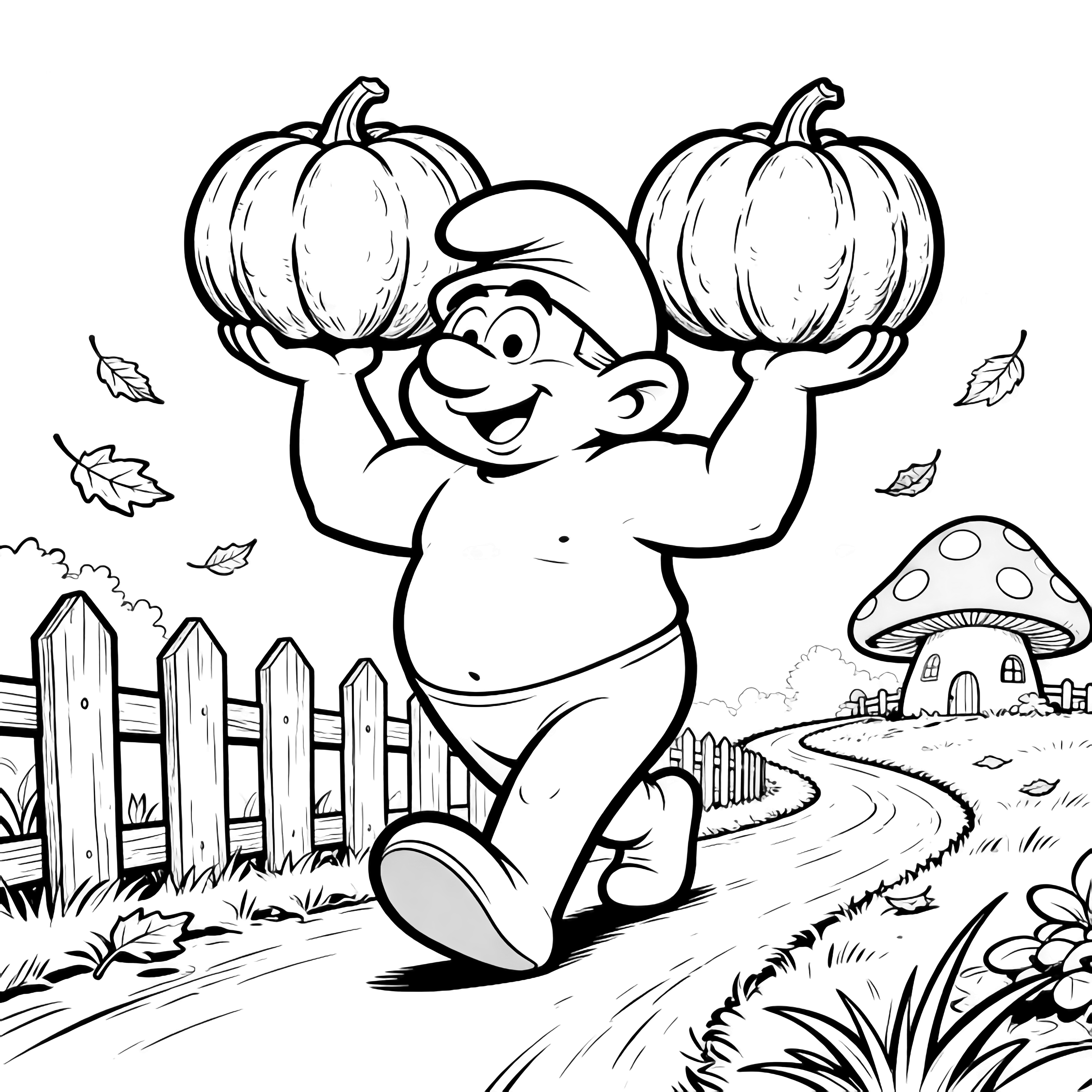 Hefty Smurf walks a winding path balancing two big pumpkins on his shoulders, smiling, with a picket fence, drifting leaves, and a distant mushroom house in an autumn setting. kleurplaat