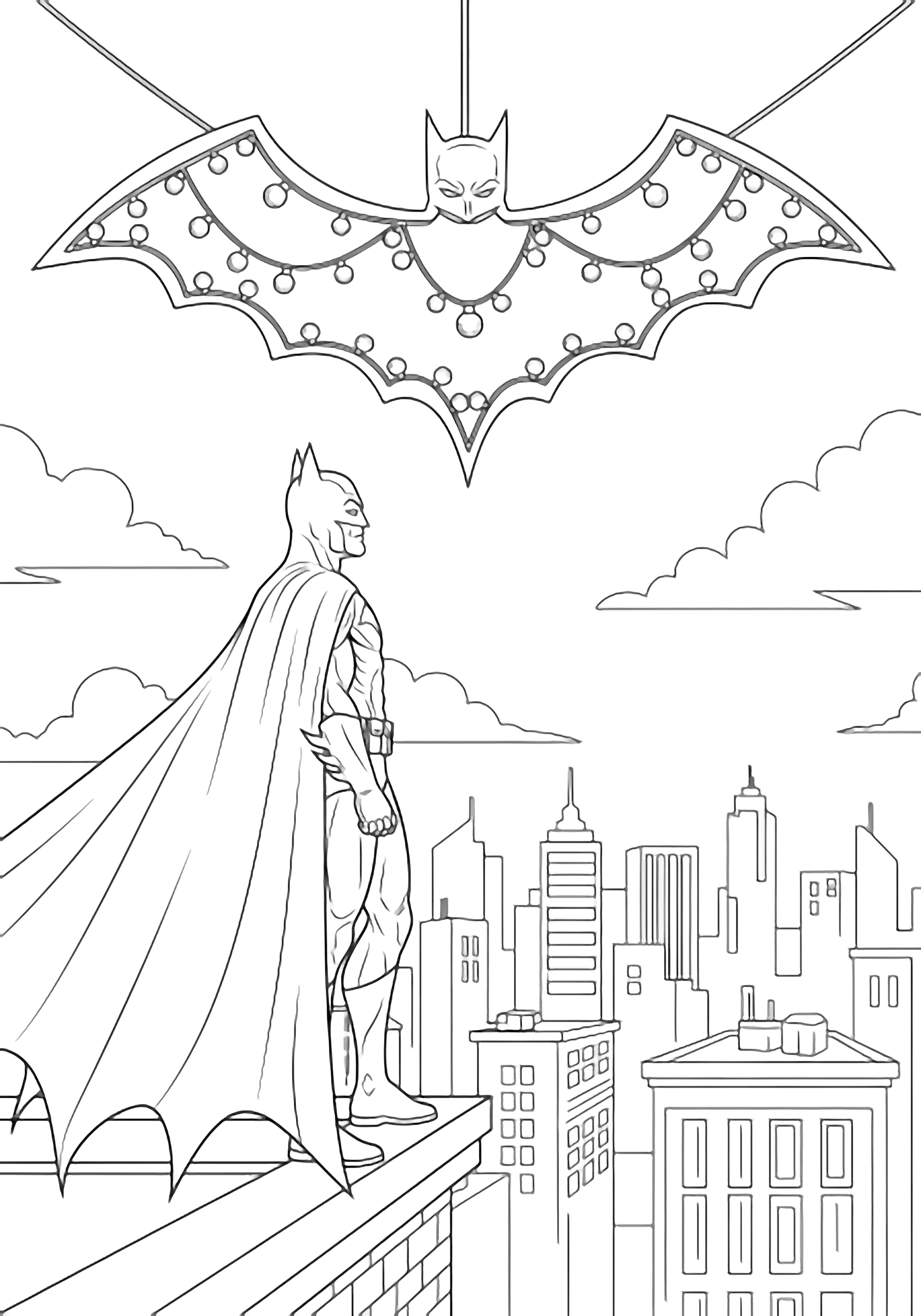 Batman stands on a rooftop ledge, cape billowing, surveying a simple city skyline while a giant glowing bat-shaped frame hovers overhead like a festive beacon. kleurplaat