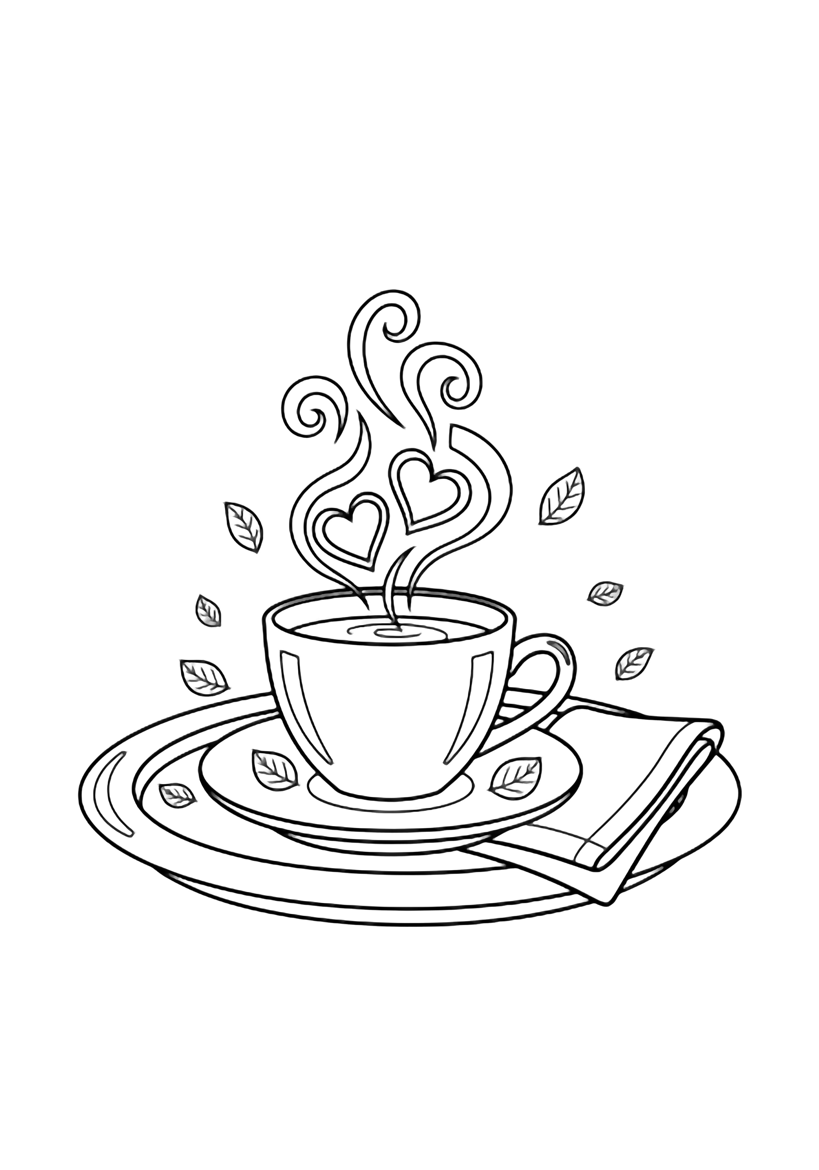 A teacup on a saucer sends up heart-shaped steam beside a folded napkin on a round tray. kleurplaat