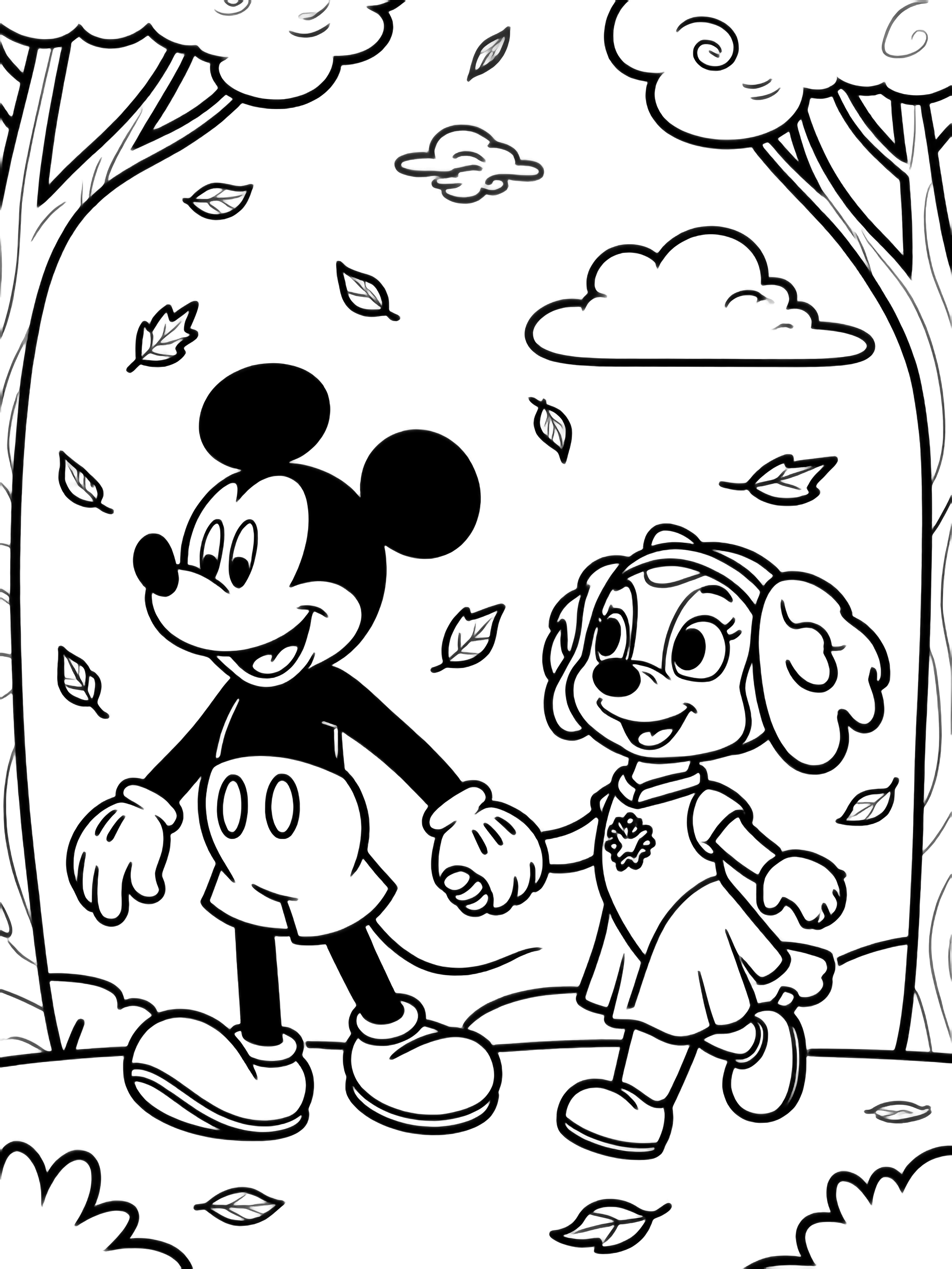 Mickey and Skye walk hand-in-hand beneath gently falling autumn leaves, simple trees and drifting clouds surrounding them. kleurplaat