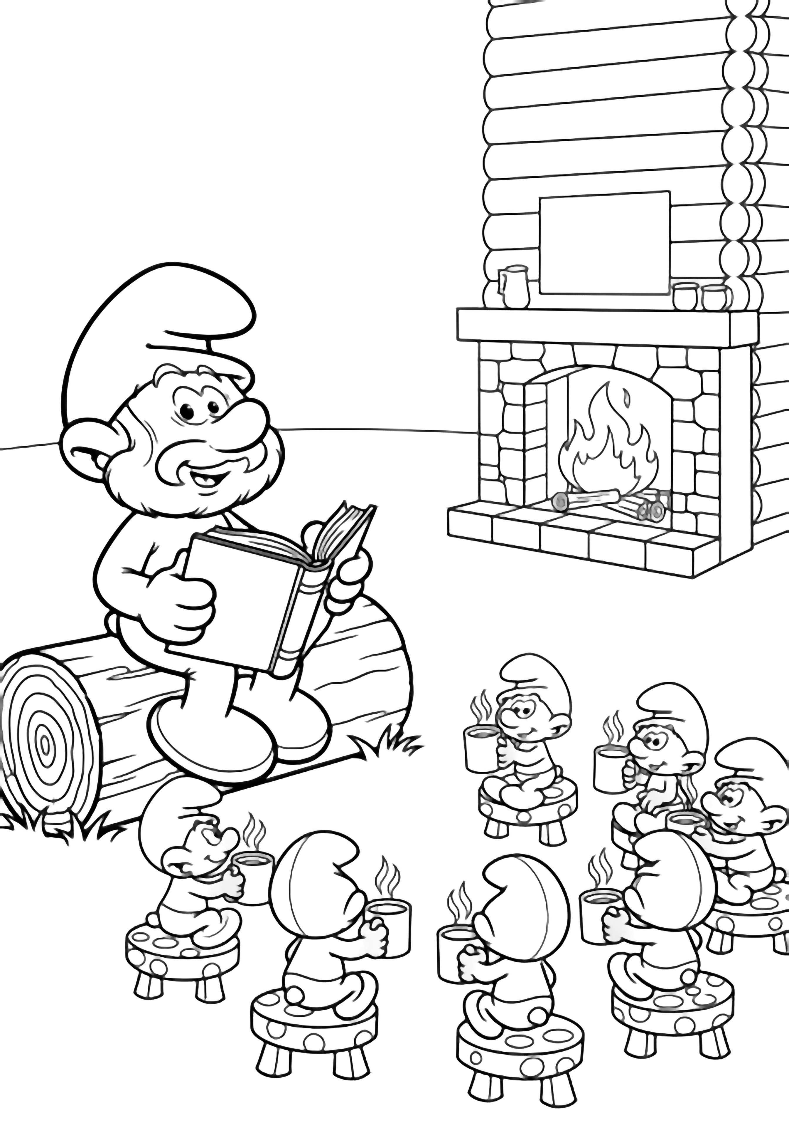 Papa Smurf on a log reading, tiny Smurfs on mushroom stools with mugs, cozy log cabin and fireplace behind kleurplaat