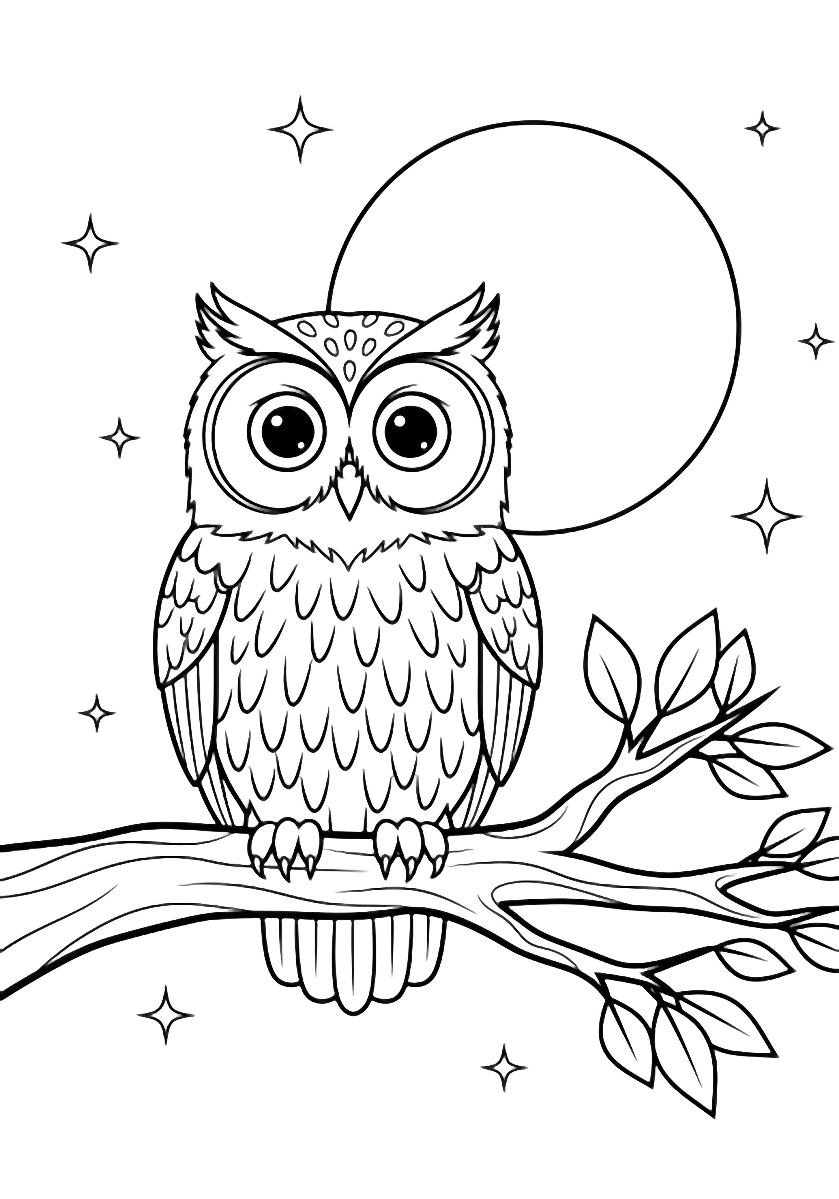 Wide-eyed owl perched on a branch beneath a full moon, with scattered stars across the open sky. kleurplaat