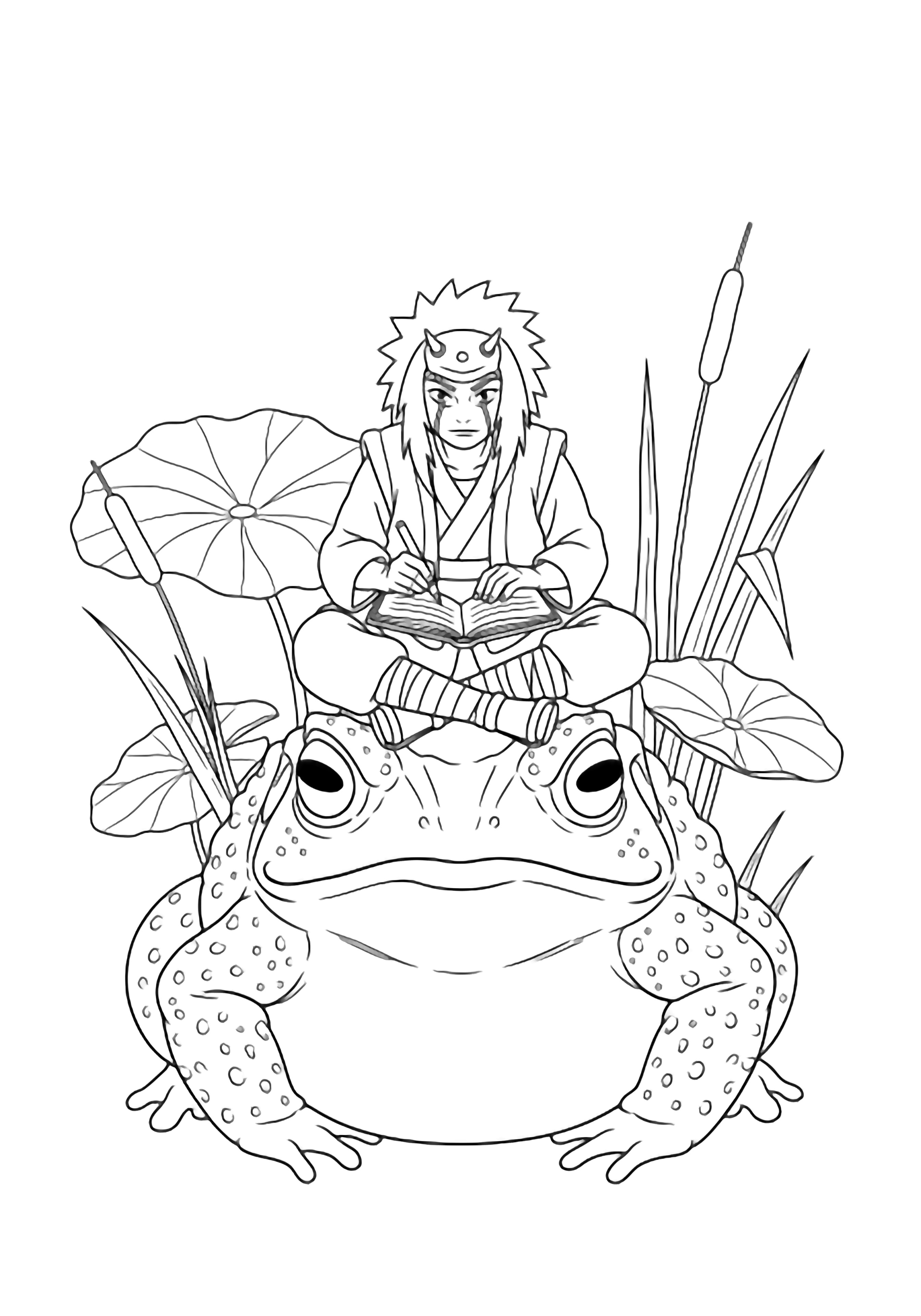 Jiraiya sits cross-legged on a giant toad, writing in an open notebook, framed by lily pads and reeds. kleurplaat