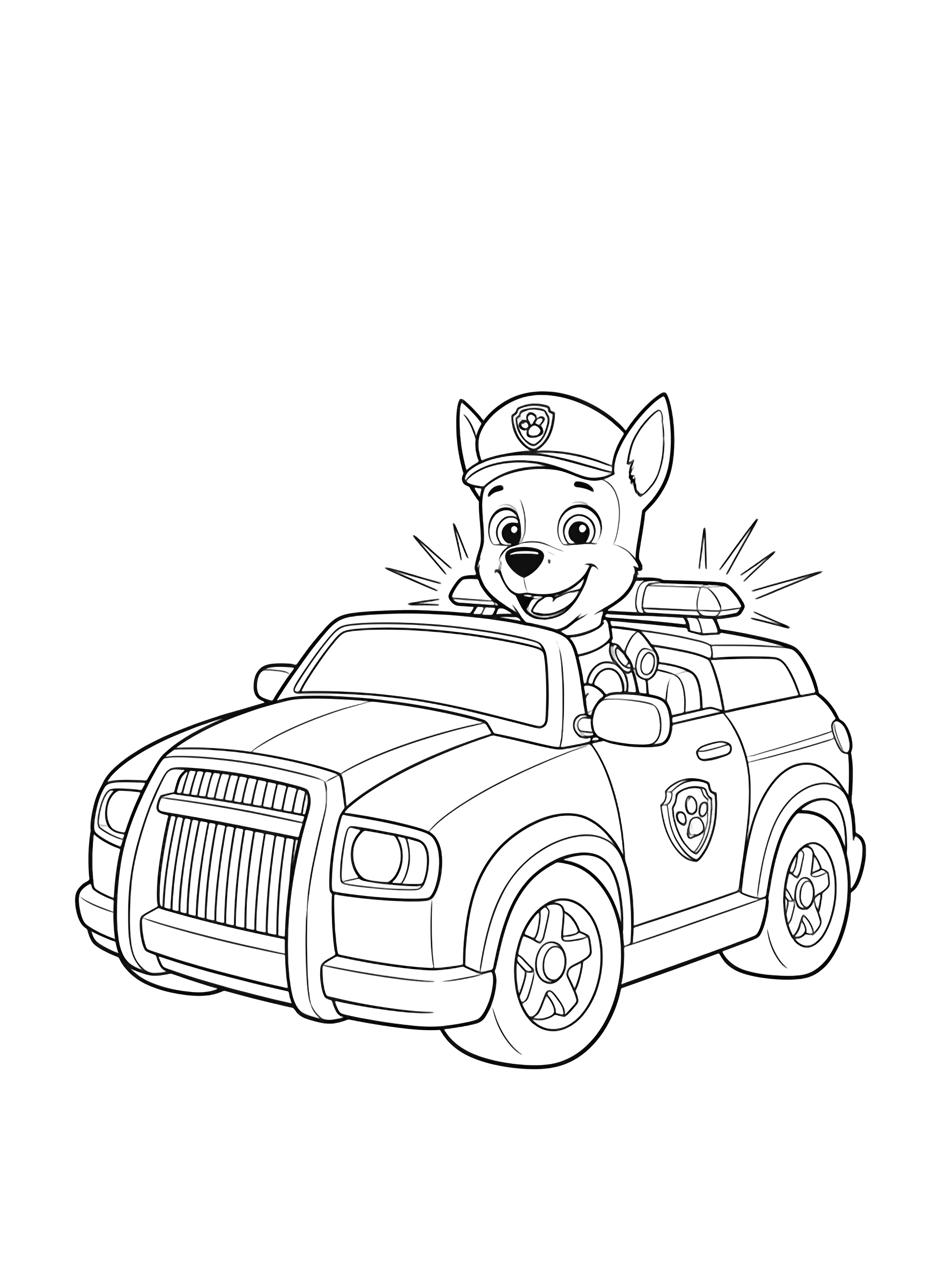 A black and white page showing Chase from PAW Patrol proudly driving his cool police cruiser across the front of the page The sturdy squad car is drawn in cheerful three quarter view so both the bold front grille and smooth side door are visible while the roof lights flash their friendly beacons Behind him stretches a simple clean black and white line drawing minimal shading no colour no fill kleurplaat