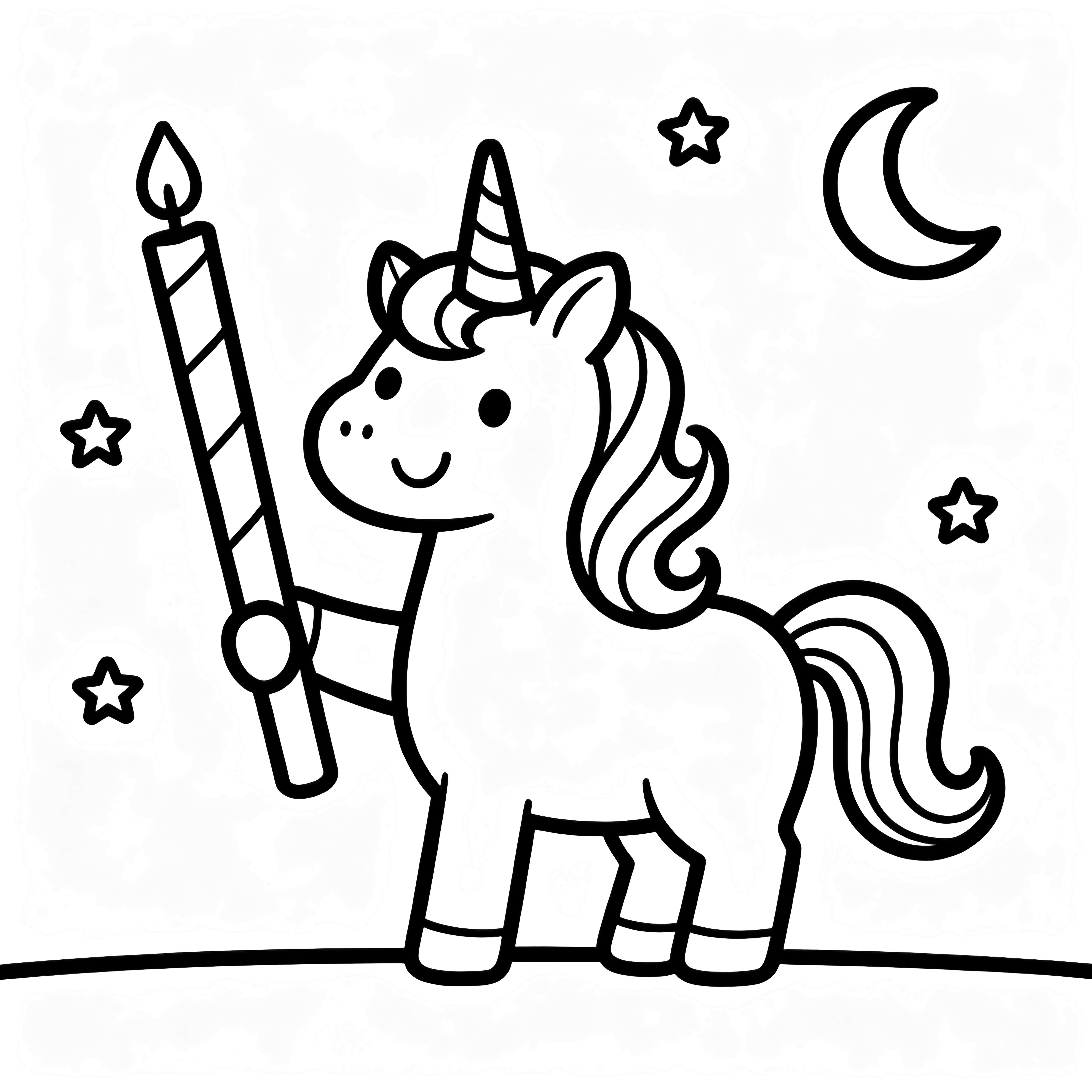 A smiling unicorn with flowing mane holds a tall birthday candle, surrounded by tiny stars and a crescent moon above a simple ground line. kleurplaat