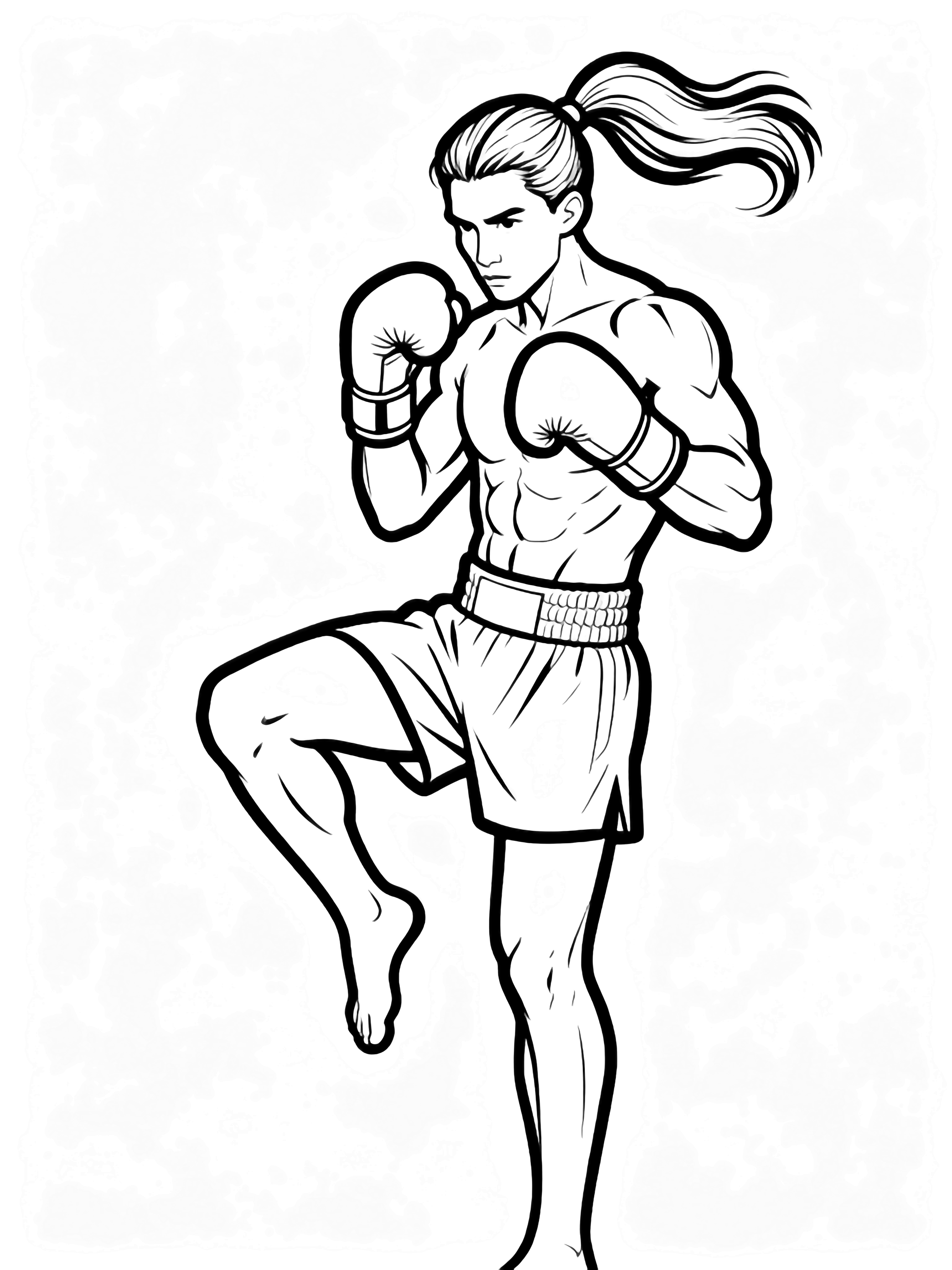 Muscular kickboxer in guard stance, gloves raised, one knee lifted, ponytail swinging kleurplaat