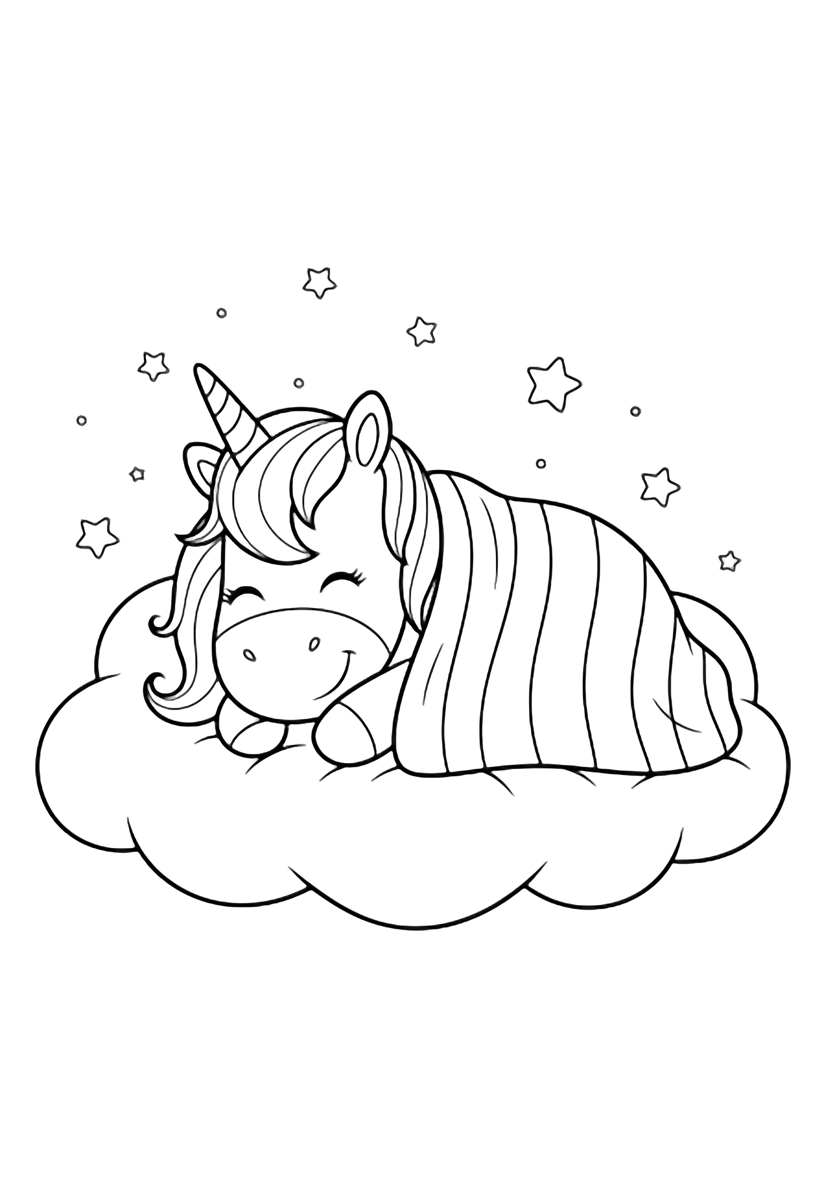 A smiling unicorn curled on a puffy cloud, tucked under a striped blanket, with tiny five-point stars drifting around. kleurplaat