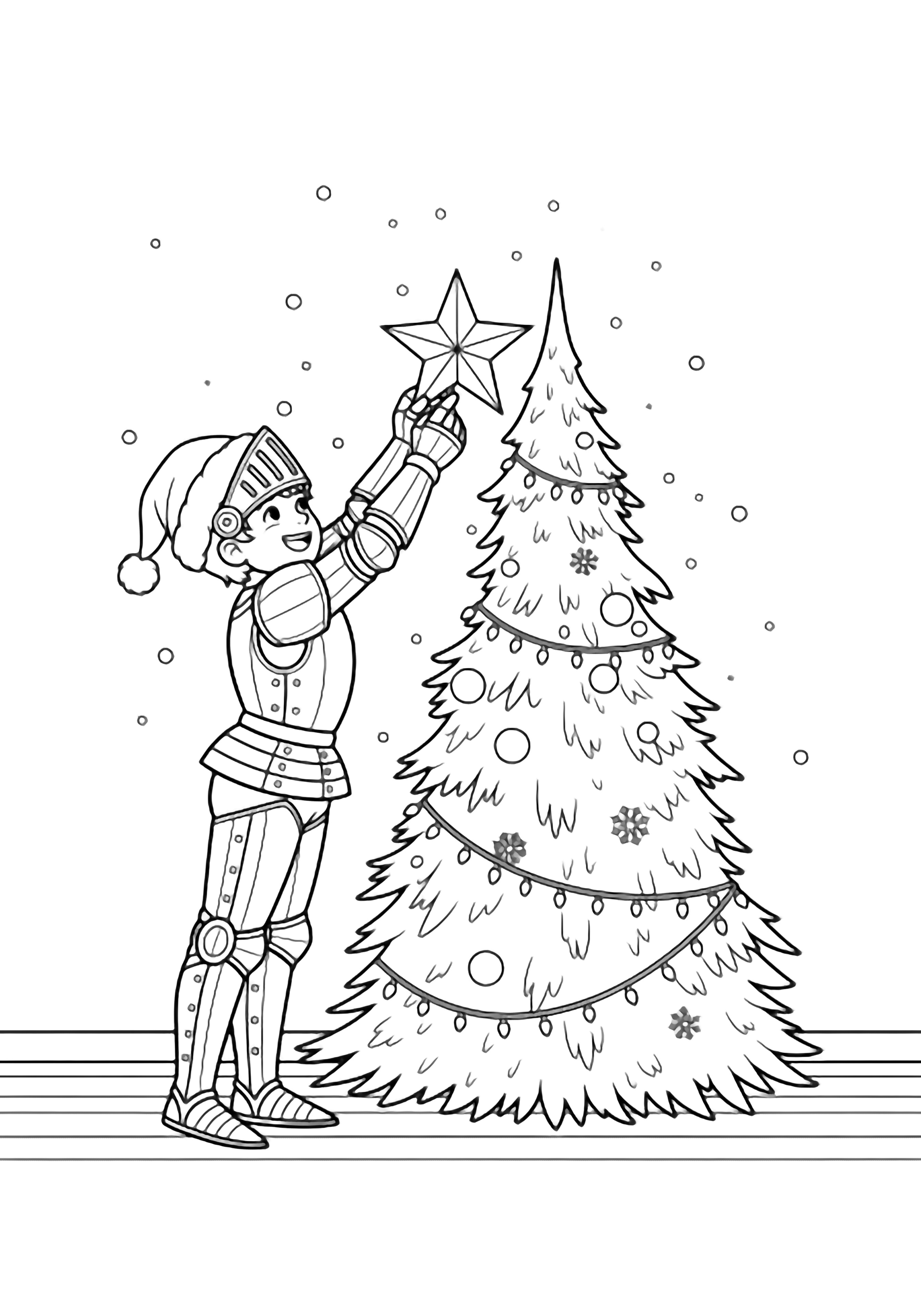 A boy in armor and Santa hat reaches on tiptoe to place a star atop a tall Christmas tree beside a blank wall with light garland and gentle snowflakes. kleurplaat