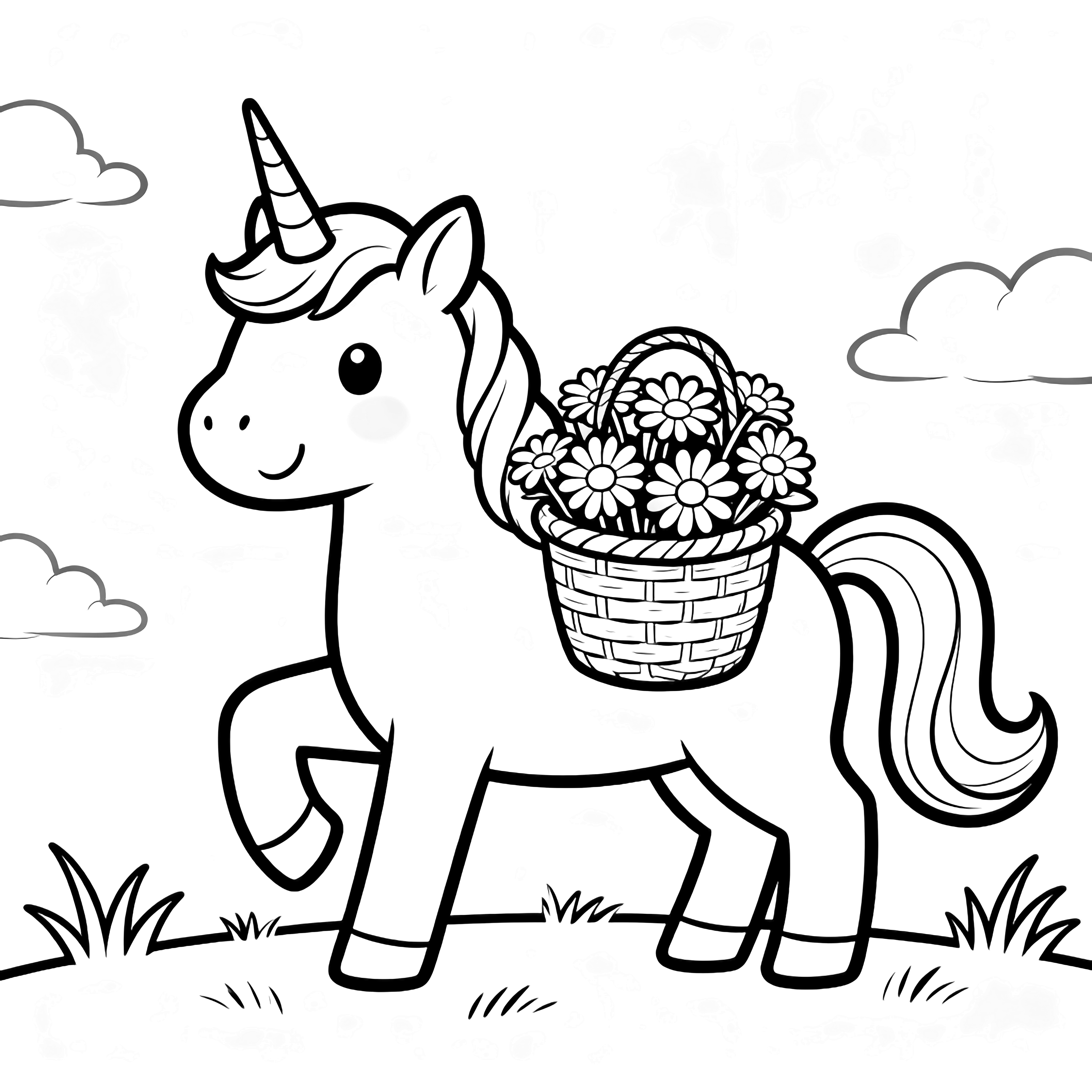 A smiling unicorn carries a basket of daisies, arched tail and flowing mane amid minimal grass and clouds. kleurplaat