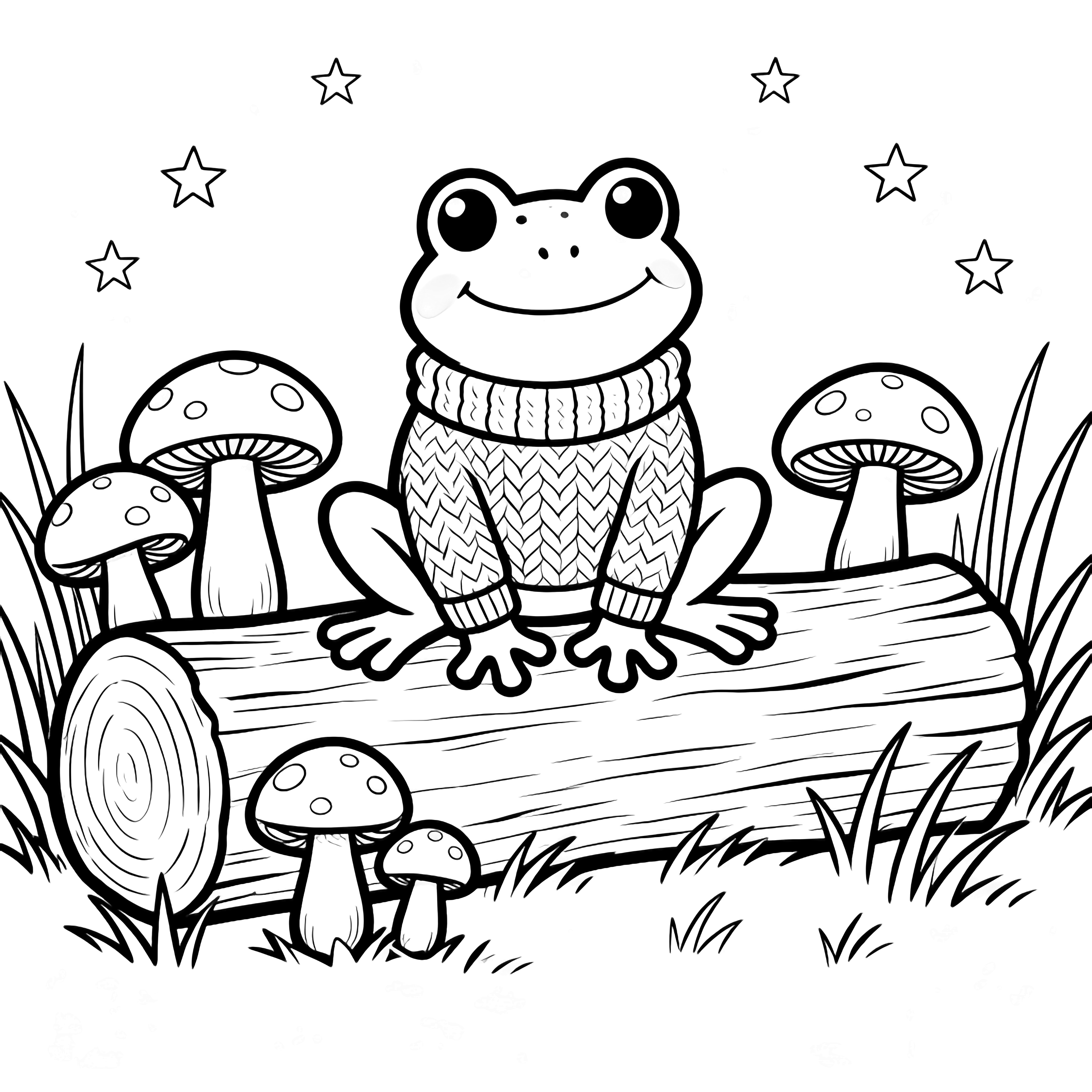 A cheerful frog in a thick sweater perches on a log, flanked by five round mushrooms, with grass blades and tiny stars encircling the scene. kleurplaat
