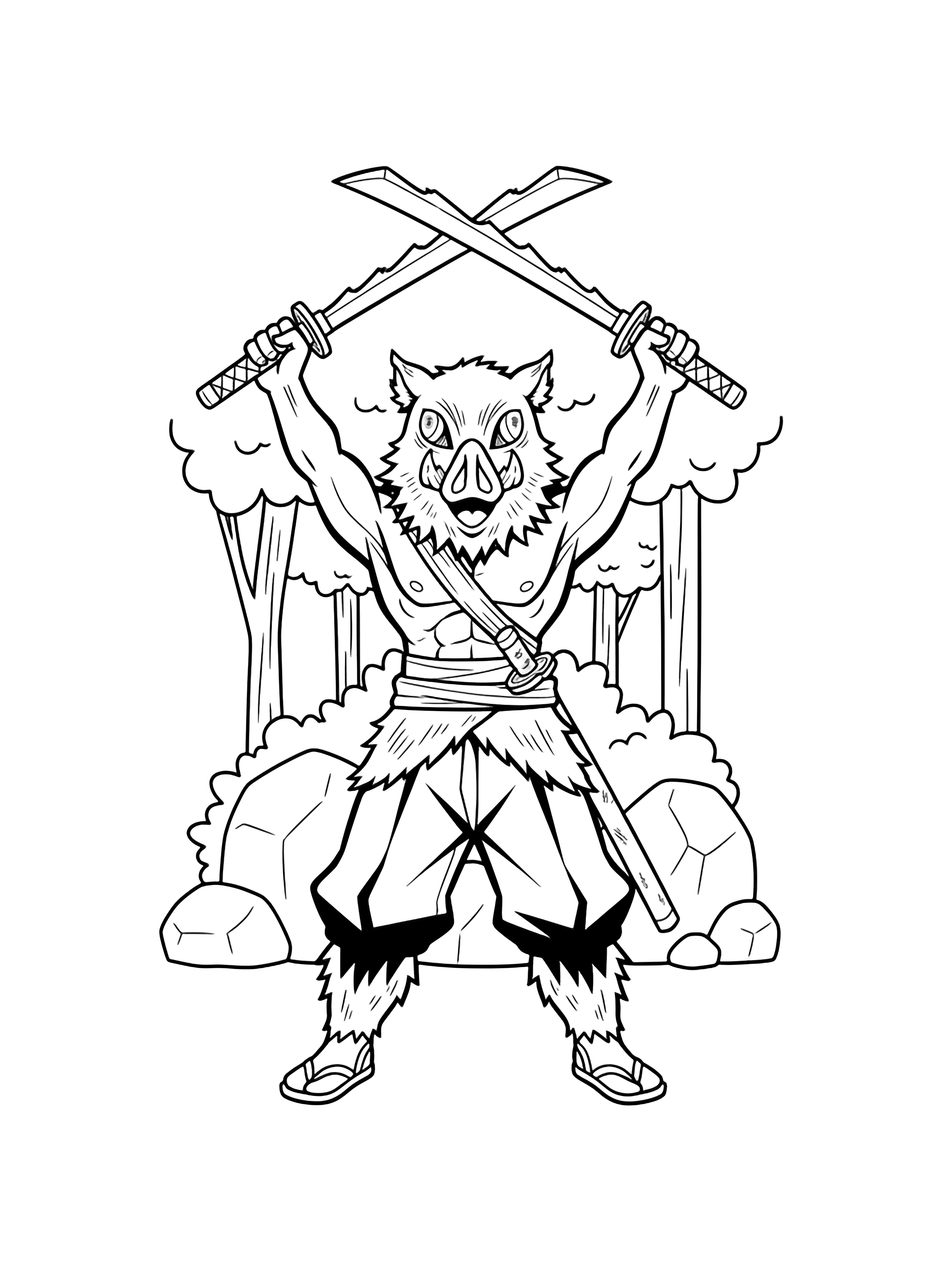 Inosuke Hashibira shouting with arms raised, twin jagged swords crossed overhead, standing among simple forest rocks. kleurplaat
