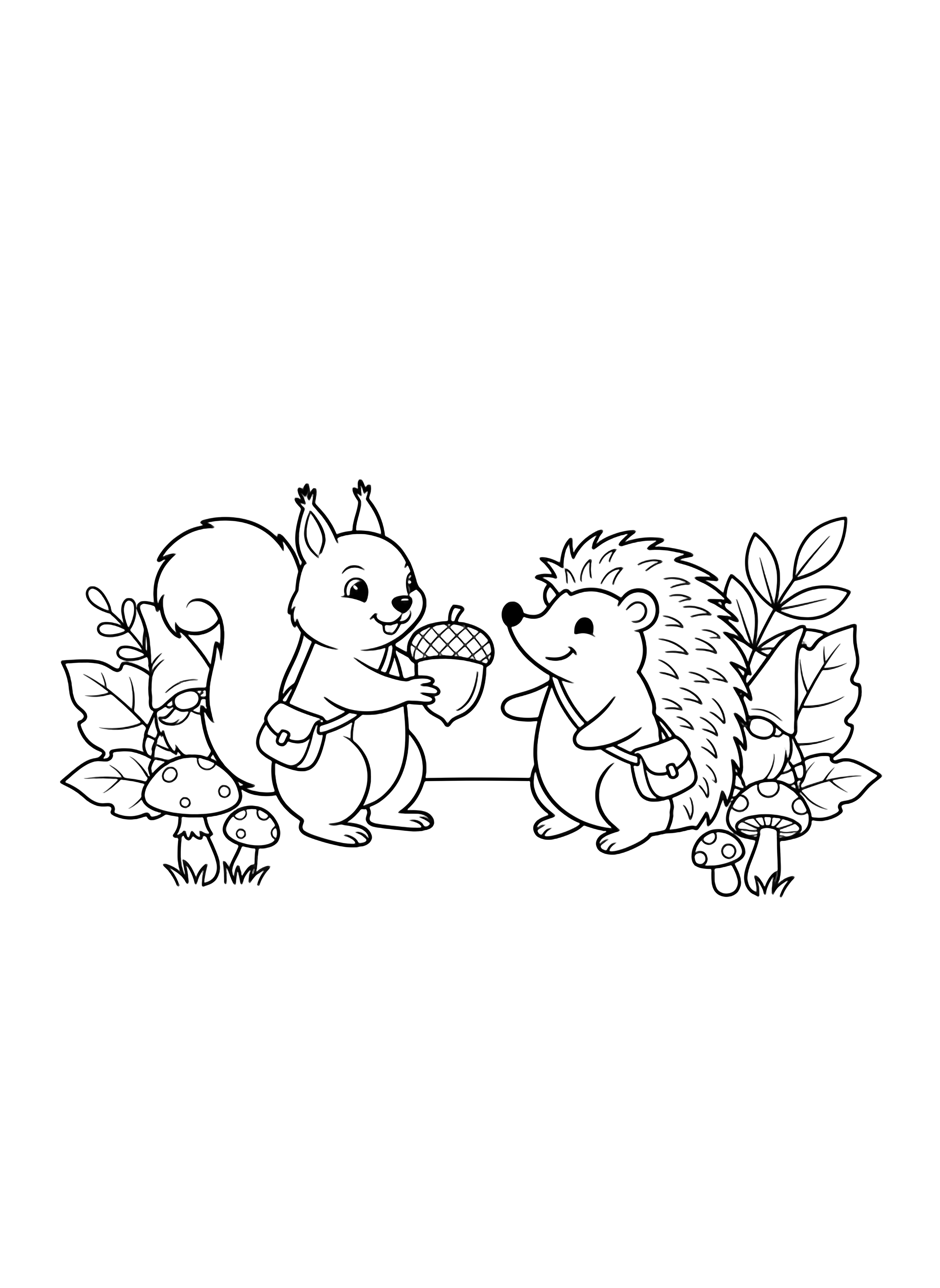 illustration on a Cheerful squirrel standing on hind legs offers acorn to smiling hedgehog; both wear simple satchels; five mushrooms two gnomes peeking from behind leaves; clean bold outlines no fills white space inside every shape kleurplaat