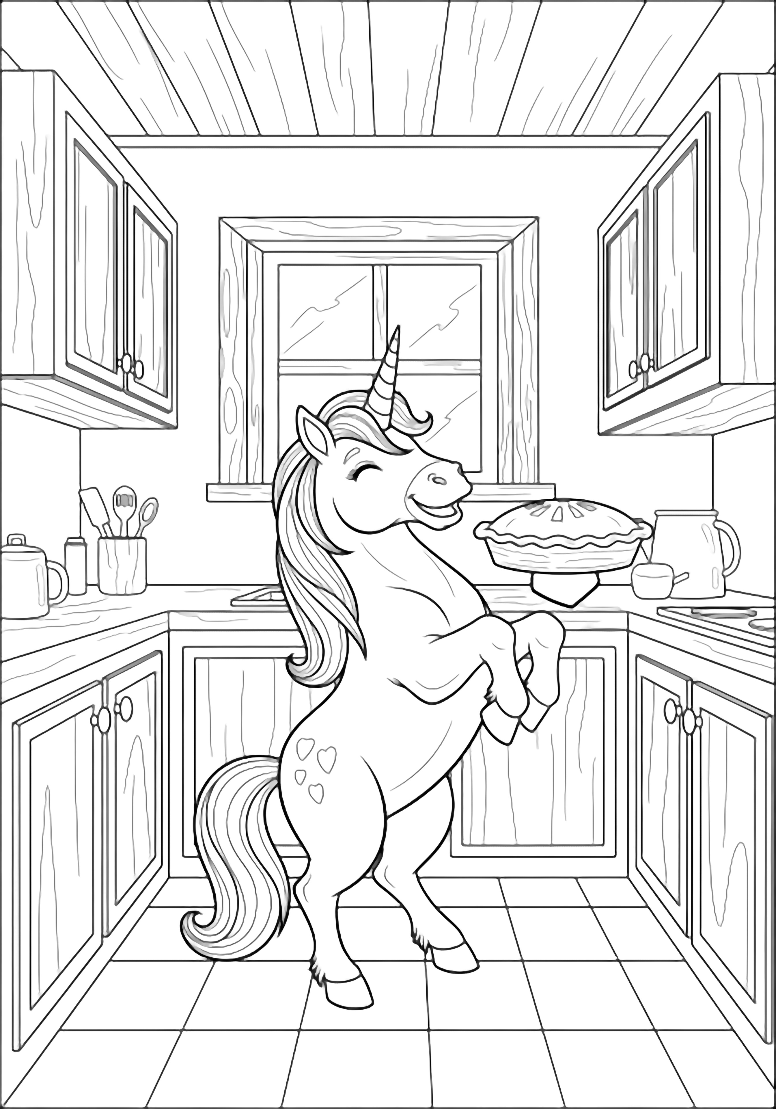 A unicorn rears up in a tiny cottage kitchen, balancing a pie on one hoof amid simple cabinets, one window, and a checked floor. kleurplaat