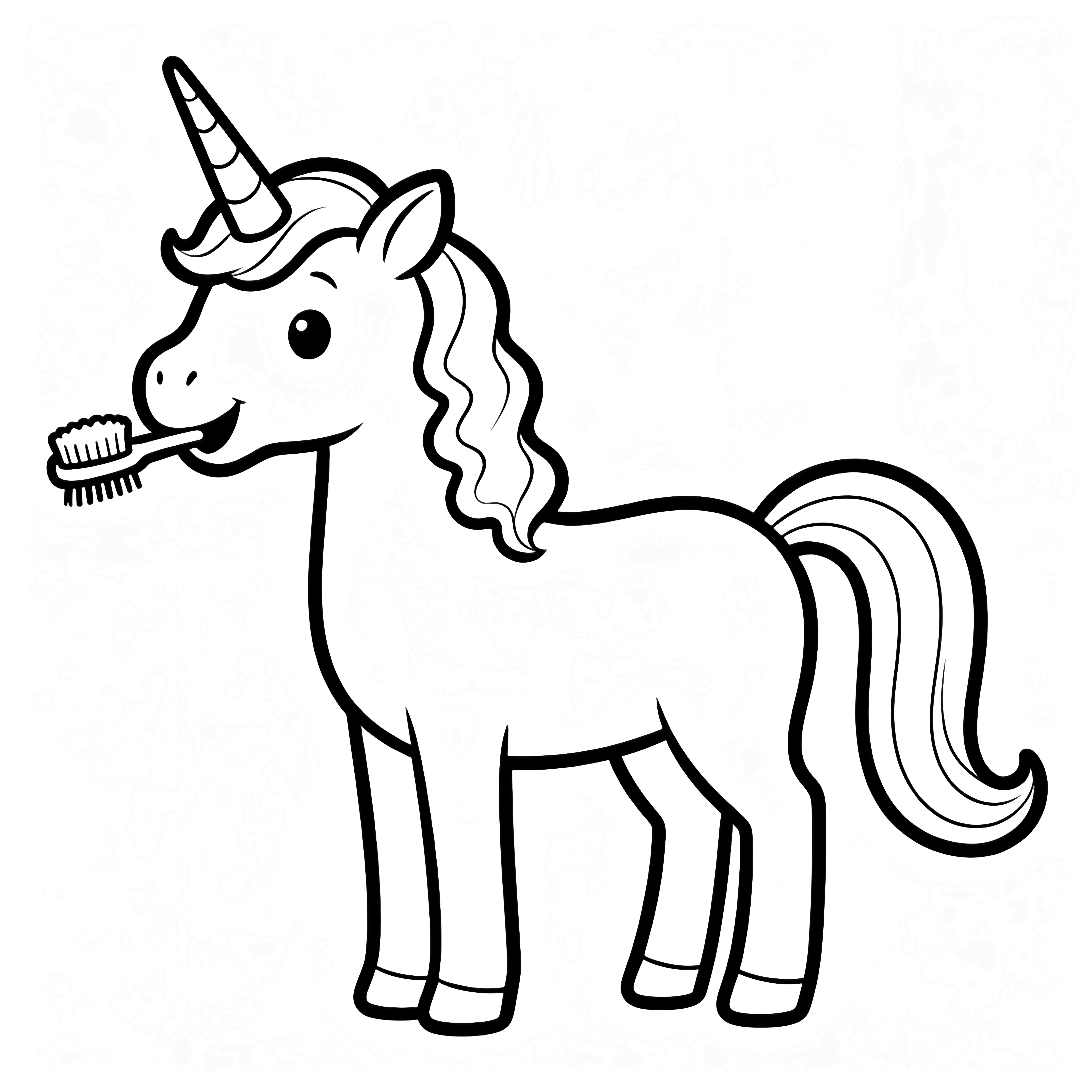 A unicorn stands facing left, happily brushing its long tail with a small brush held in its mouth, its simple mane flowing and single horn visible. kleurplaat