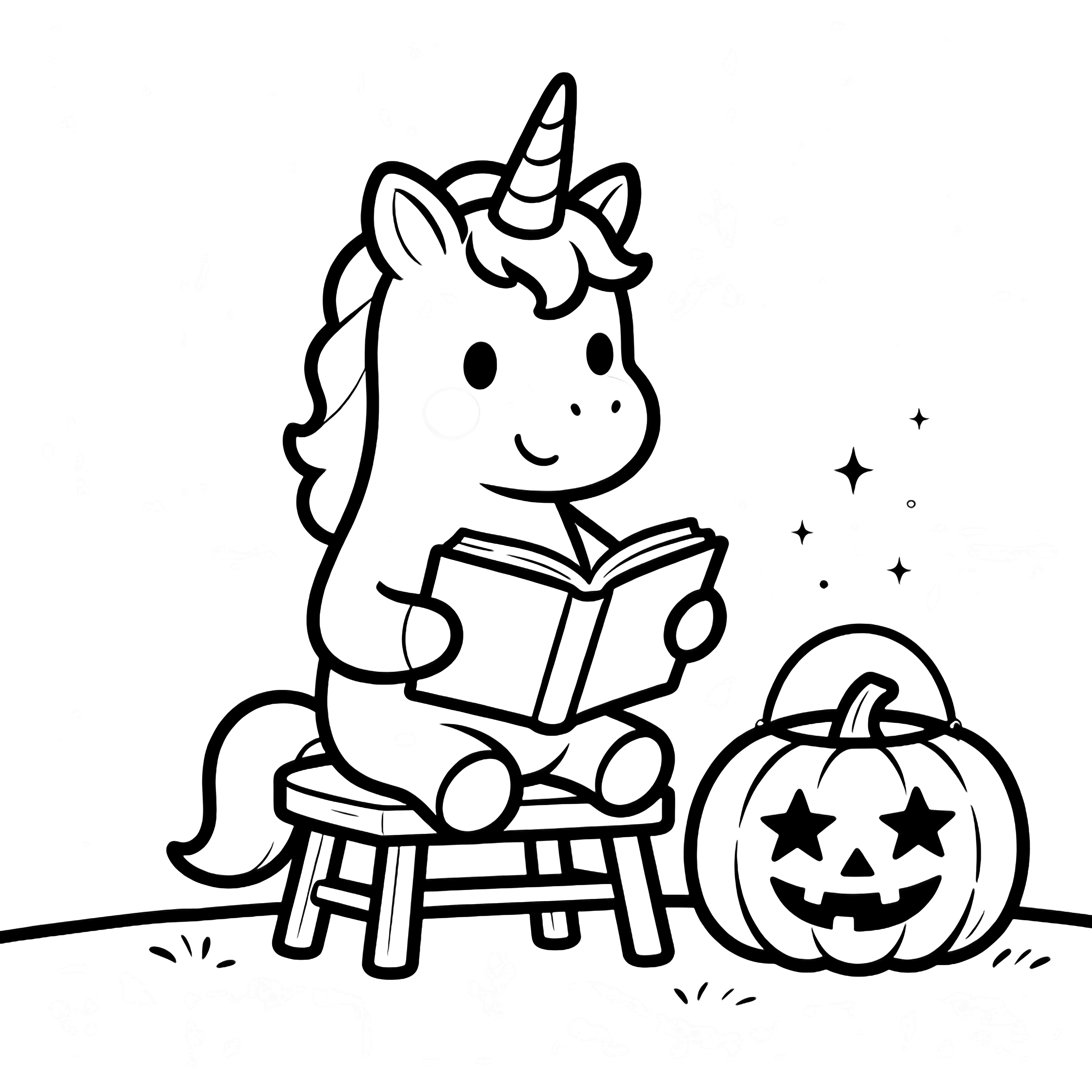 A smiling unicorn on a stool reading an open book, pumpkin lantern with star cut-outs beside it, tiny sparkles above, simple ground line kleurplaat