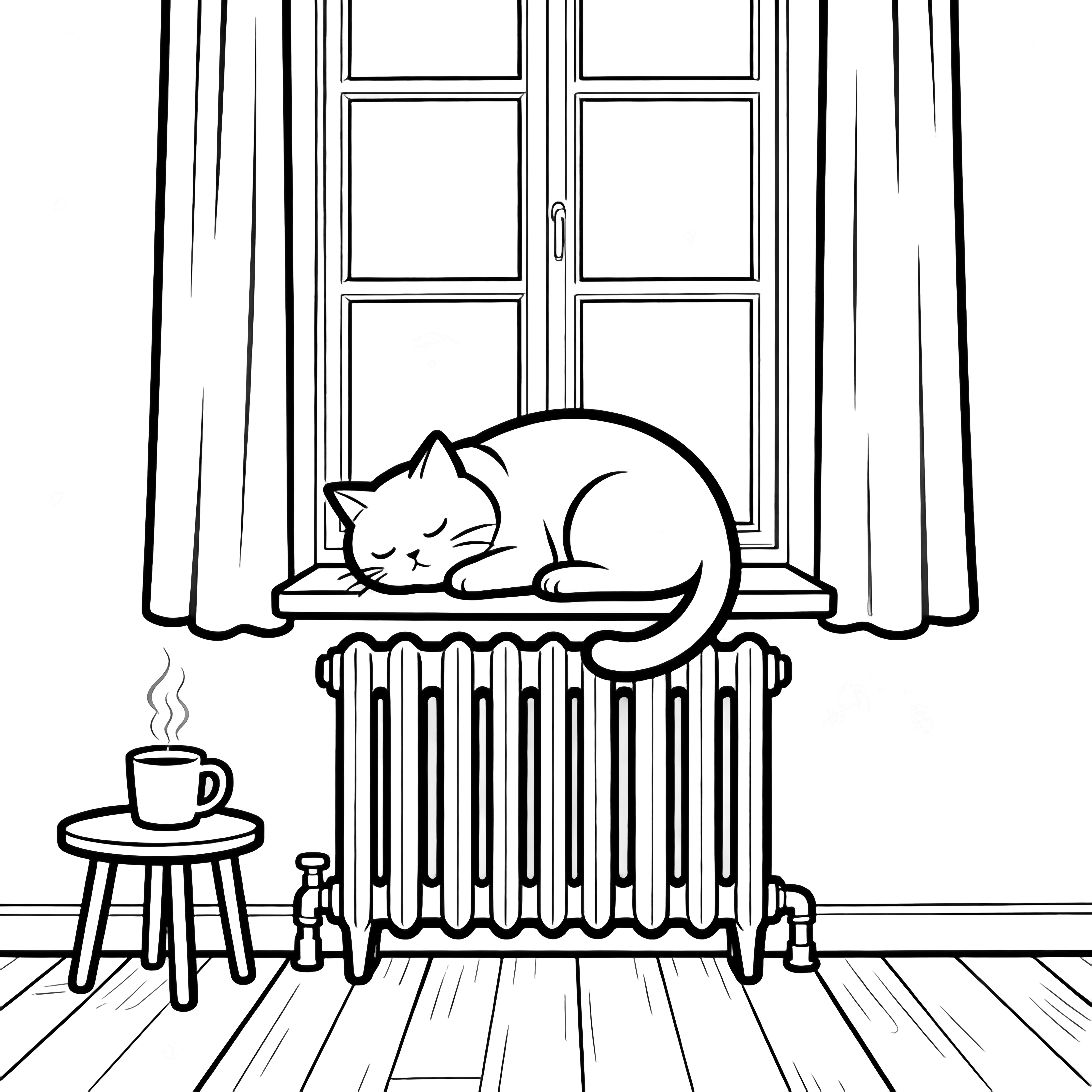 A plump cat naps on a radiator under a tall window, beside curtains and a small table holding a steaming mug, all on wooden floorboards. kleurplaat