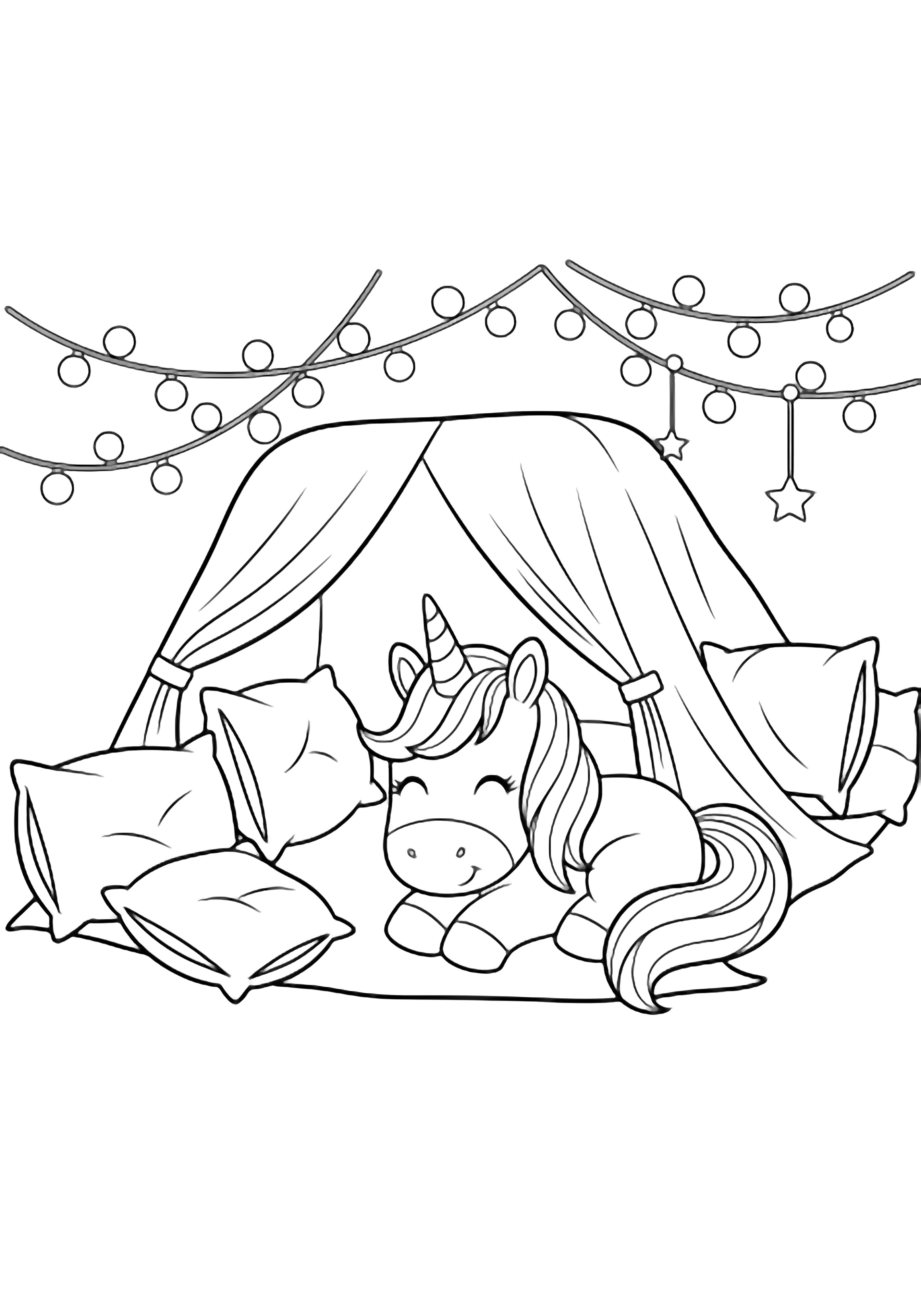 A smiling unicorn nestled in a blanket fort, surrounded by pillows, fairy-light strings, and a tiny star garland. kleurplaat