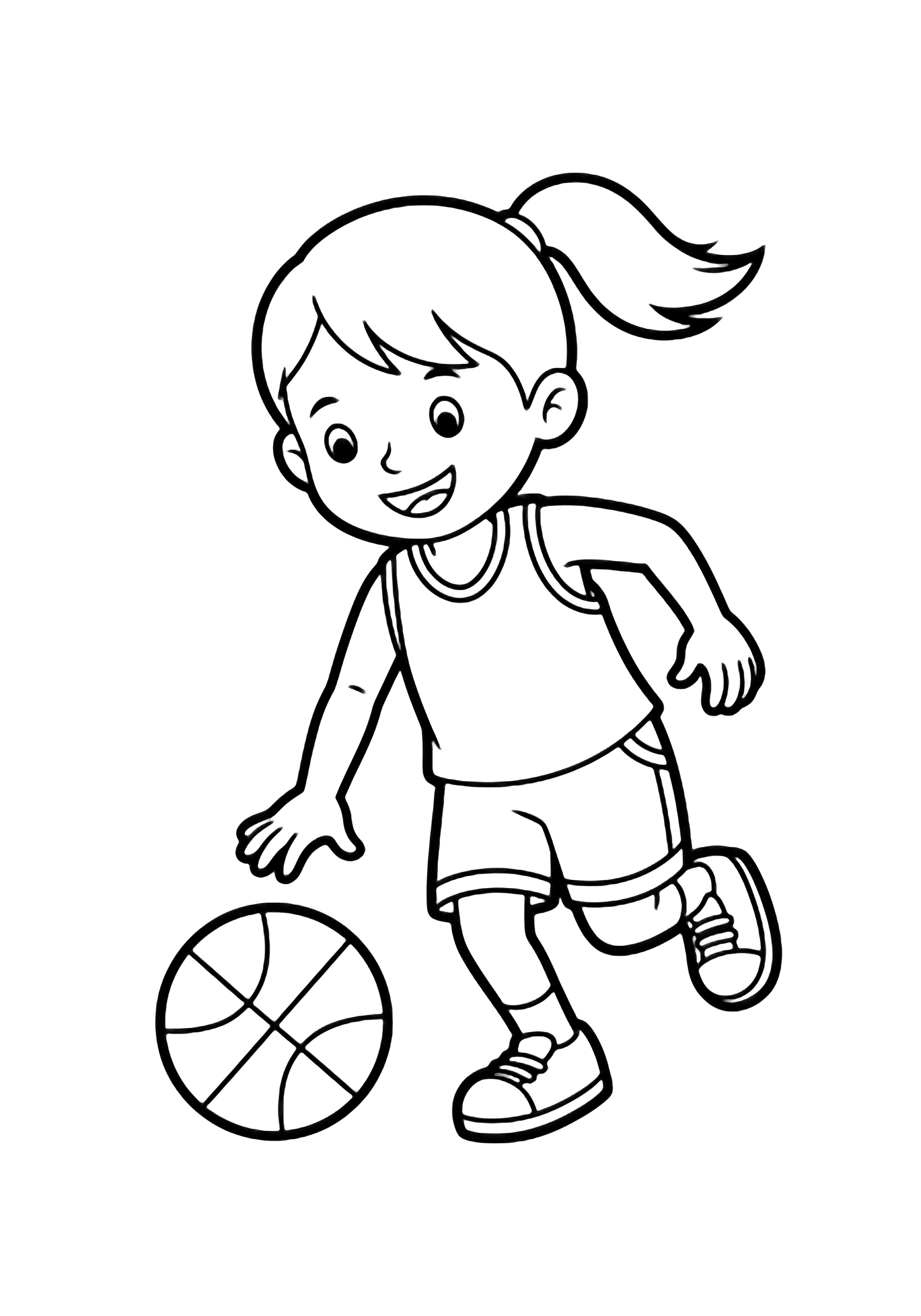 A smiling child with a ponytail dribbles a basketball, wearing shorts and sneakers, in a clean, empty space. kleurplaat