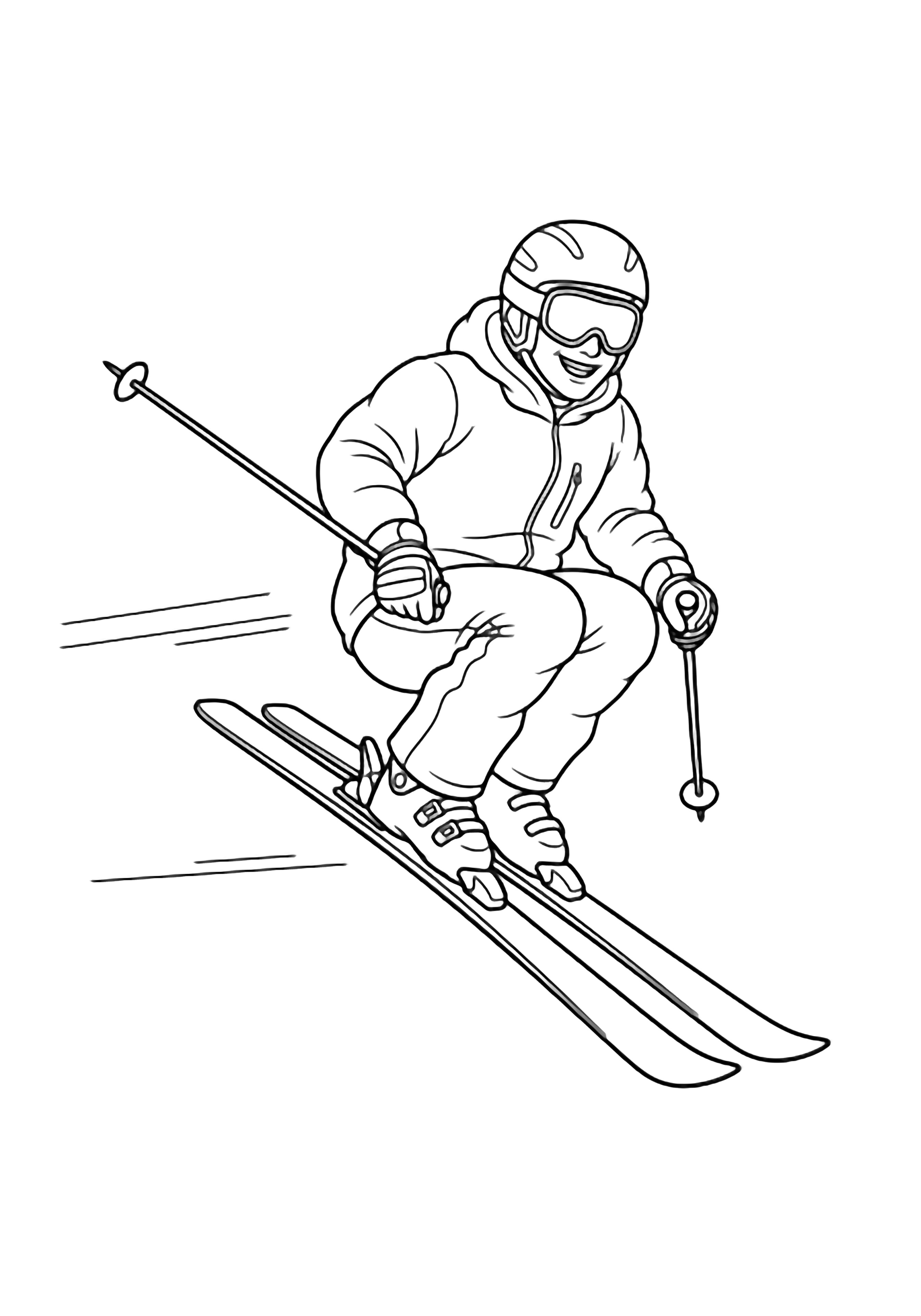 A smiling skier flies through the air with knees tucked, skis parallel, poles angled back, wearing helmet, goggles, jacket, gloves and boots. kleurplaat