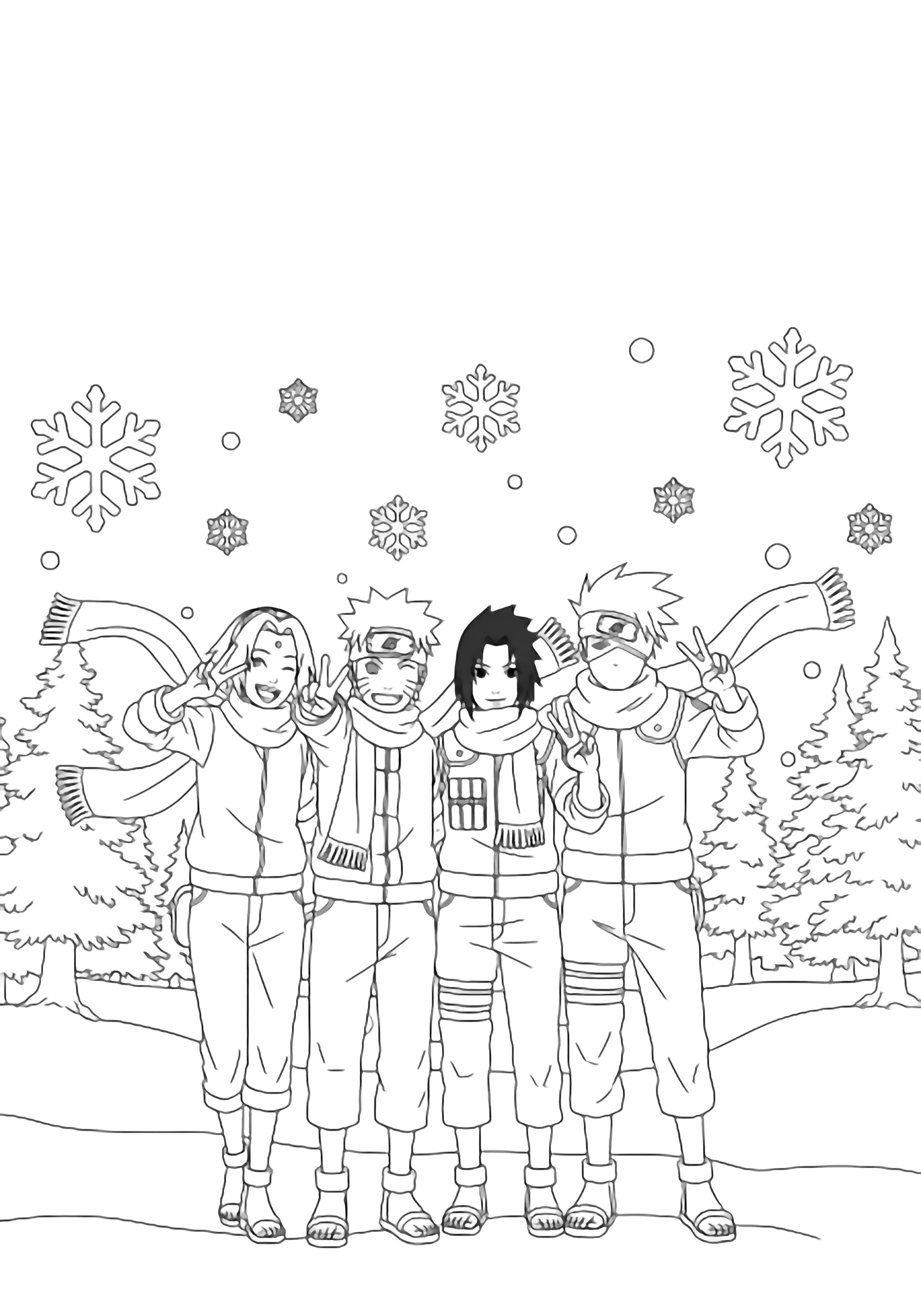 Naruto, Sakura, Sasuke, and Kakashi stand cheerfully in a row, scarves fluttering, flashing peace signs while fat snowflakes drift around them in a snowy pine forest. kleurplaat