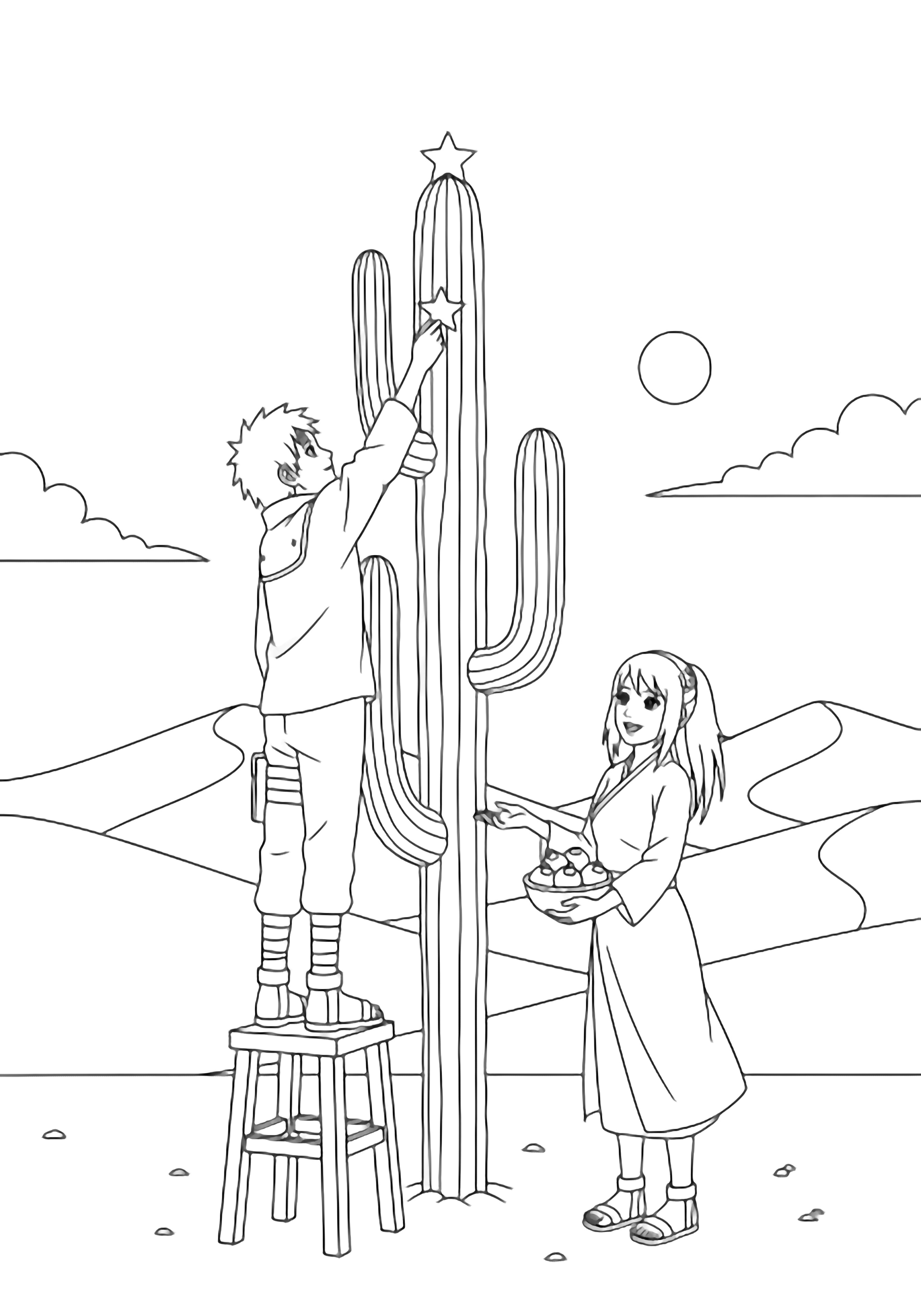 Gaara stands on a stool hanging a star on a tall cactus; Temari smiles and offers ornaments, with sand dunes and a simple sun behind them. kleurplaat