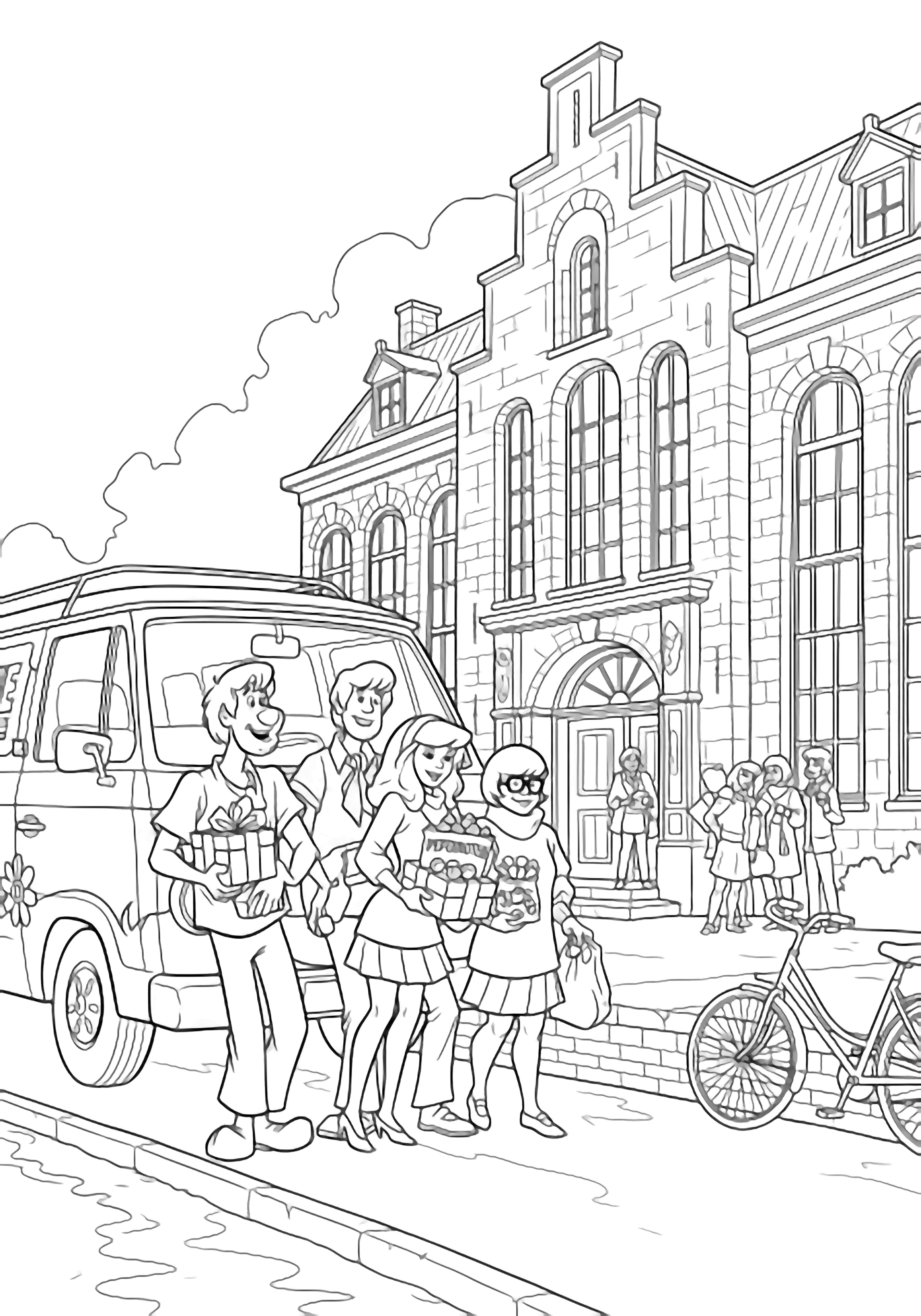 Scooby, Shaggy, Fred, Daphne en Velma staan bij de Mystery Machine voor een Nederlandse school met trapgevels, met cadeaudoosjes en pepernoten in hun handen terwijl kinderen in de buurt wachten; een gracht en een schets van fietsen maken het tafereel compleet. kleurplaat