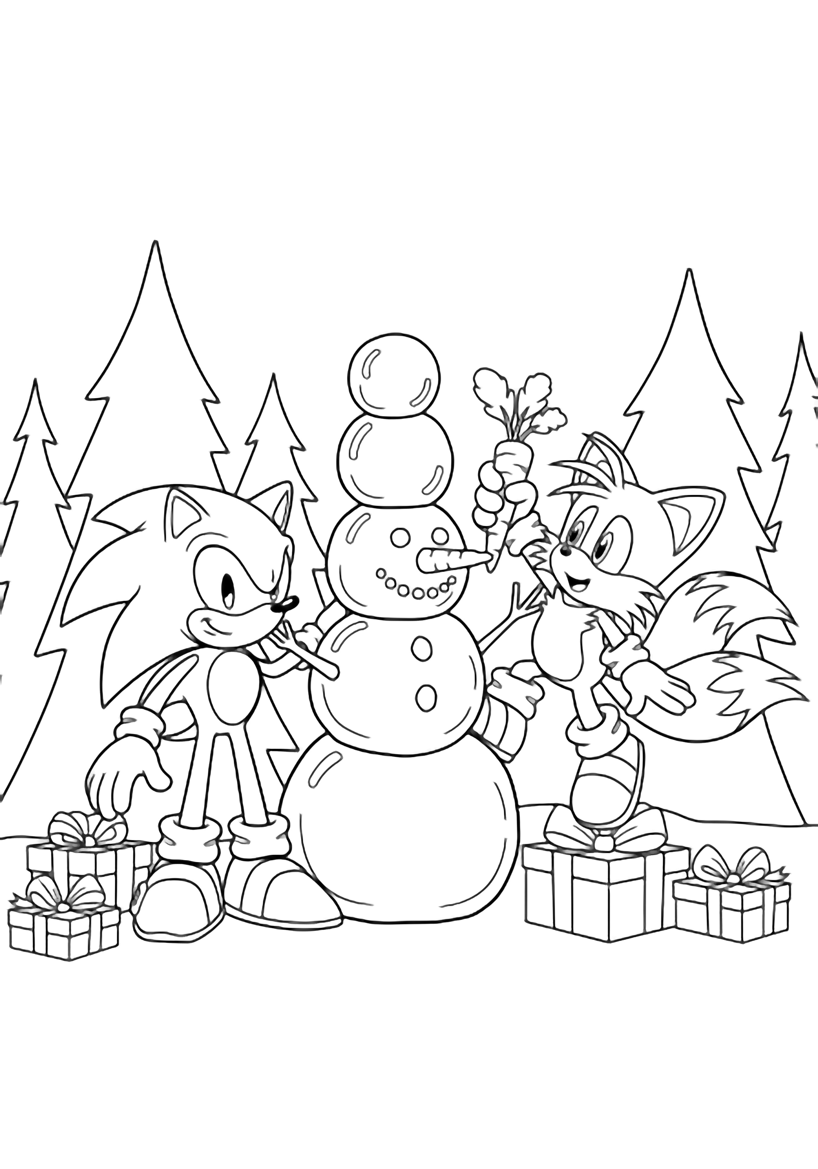 illustration on a Sonic stacking a third snowball while Tails standing on tiptoes offers a carrot nose; simple pine trees and ribbon tied gift boxes frame the scene all in bold black outline with white spaces ready to color clean black kleurplaat