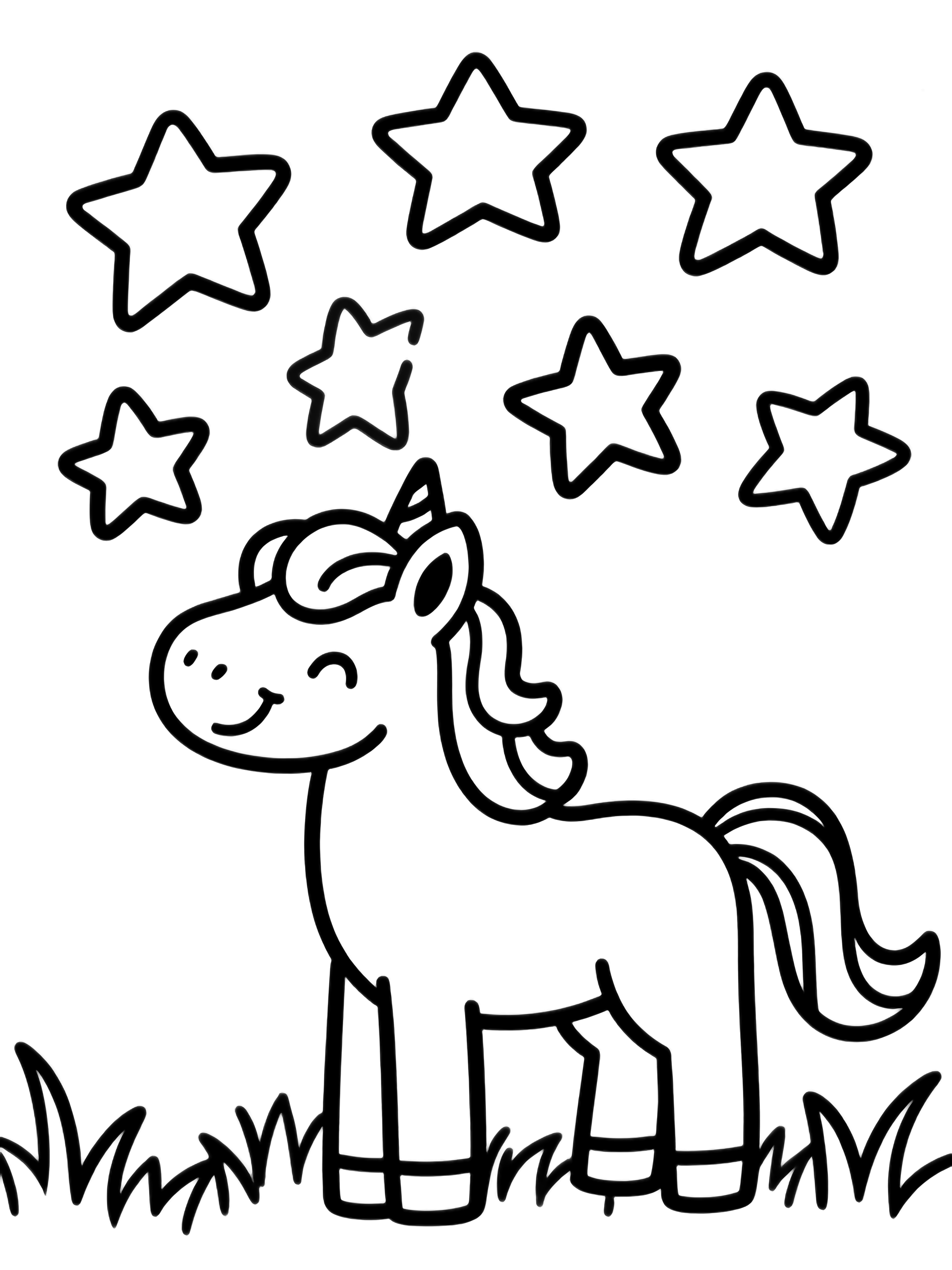 A happy unicorn stands in soft grass, gazing up at six large five-pointed stars. kleurplaat