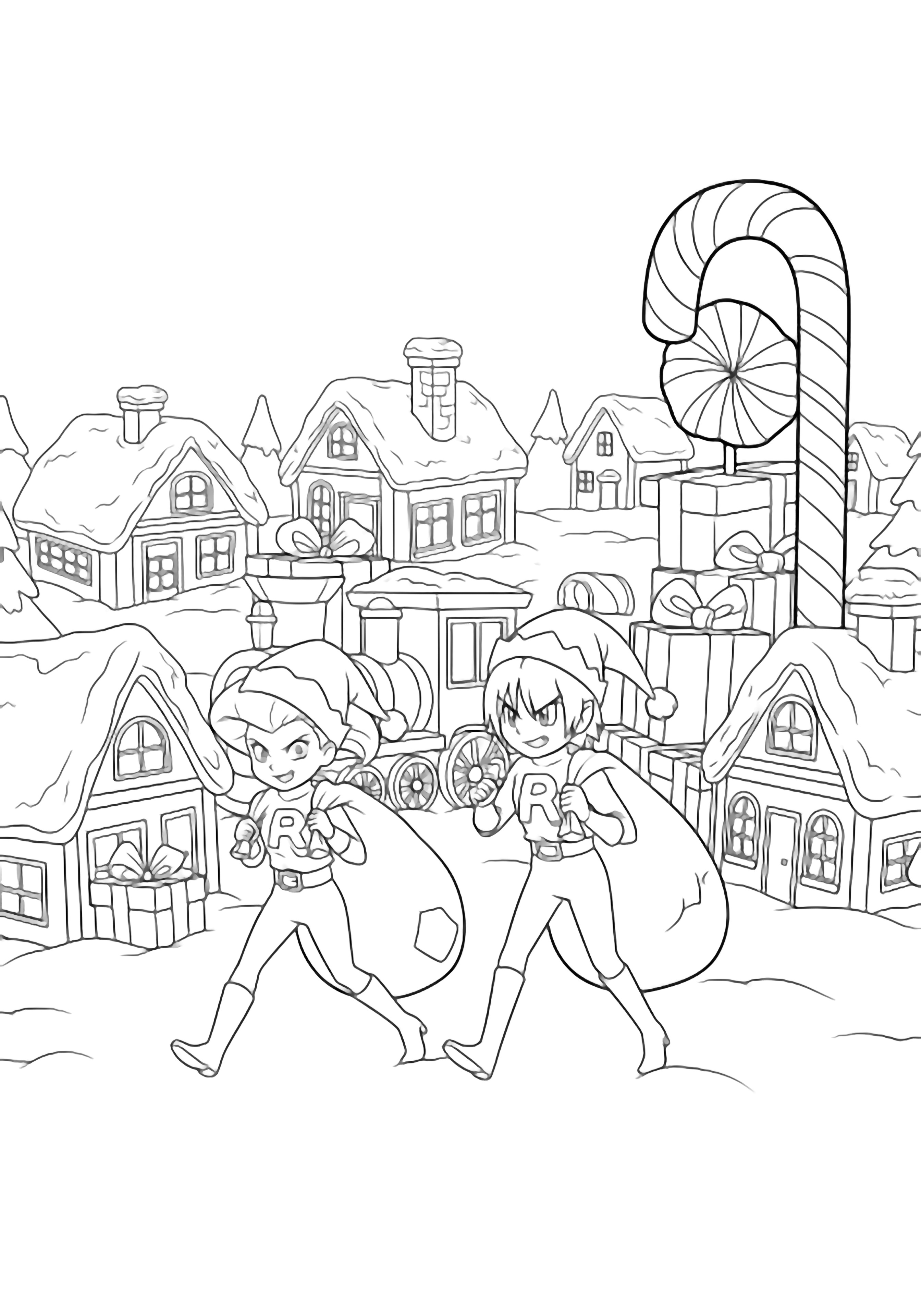 Team Rocket in elf hats tiptoe past snow-dusted cottages, an oversized toy train, and a towering candy cane, clutching empty sacks to steal presents. kleurplaat