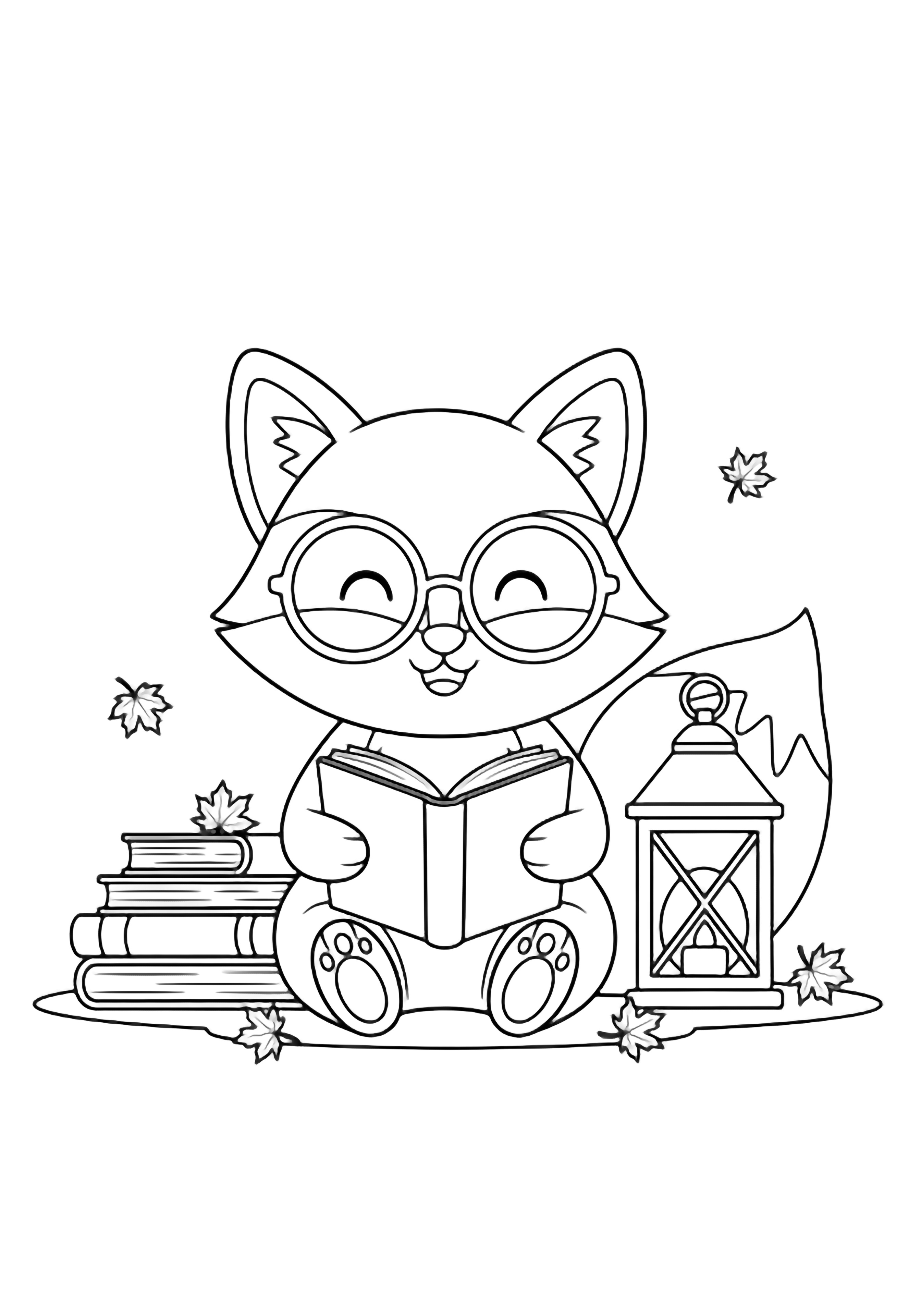 Kawaii fox in glasses sits reading a book beside a lantern, maple leaves drifting around stacked books. kleurplaat