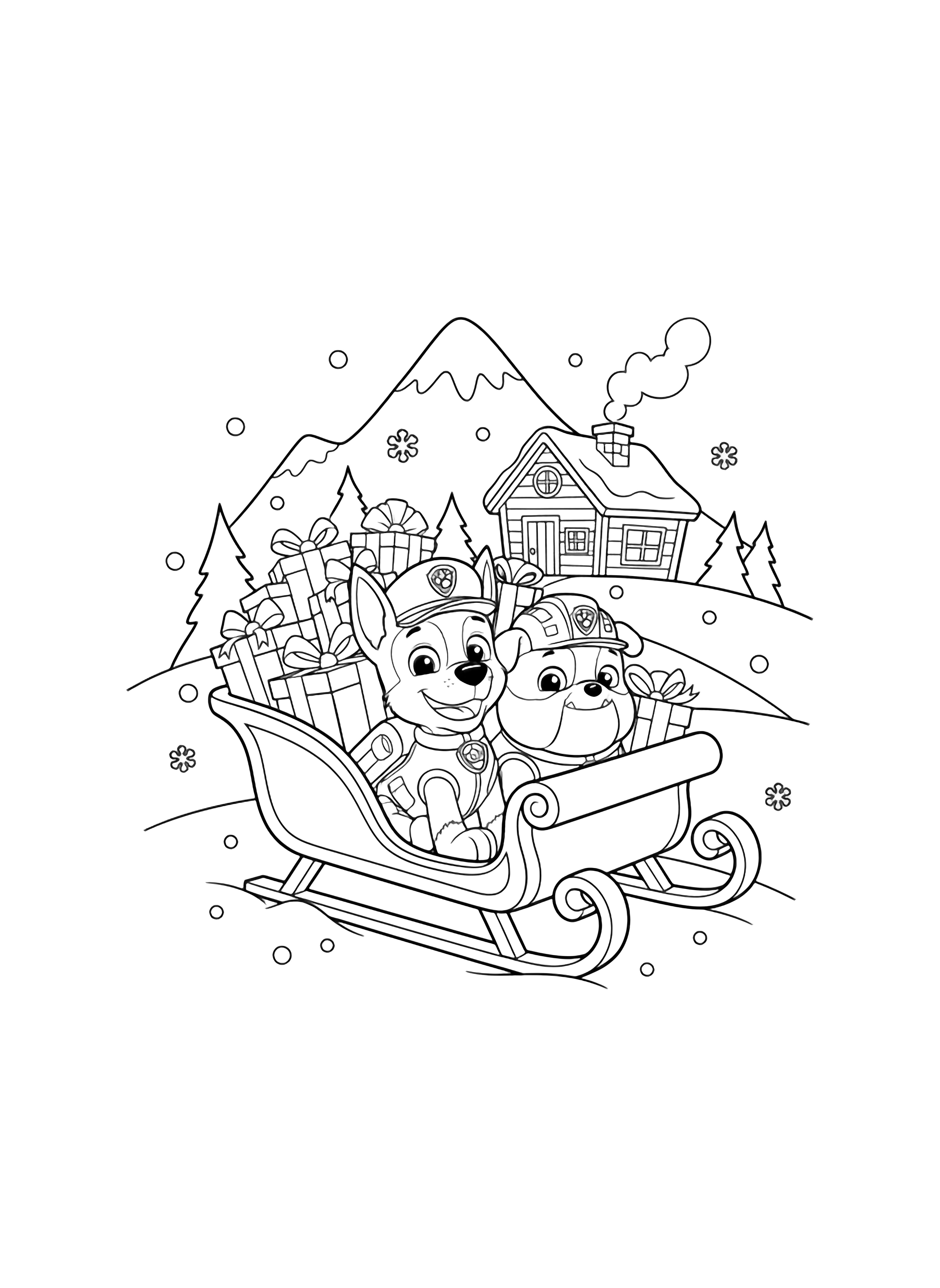 Chase and Rubble smile in a sleigh piled with gifts, gentle snowflakes drifting above a mountain cabin on rolling hills. kleurplaat