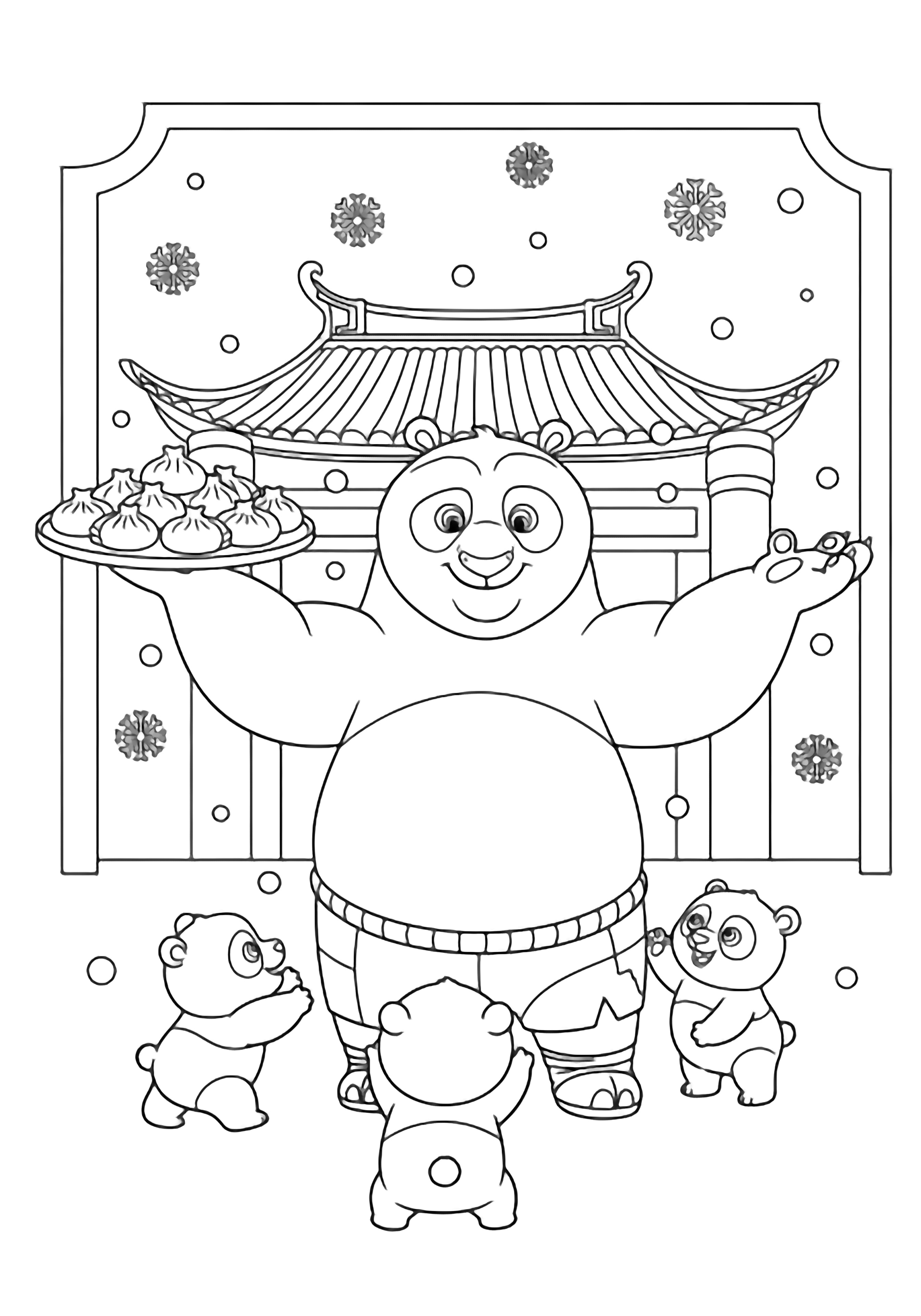 Po stands with arms wide offering dumplings; three tiny pandas reach up while snowflakes drift around them, framed by temple pillars and a curved roof. kleurplaat