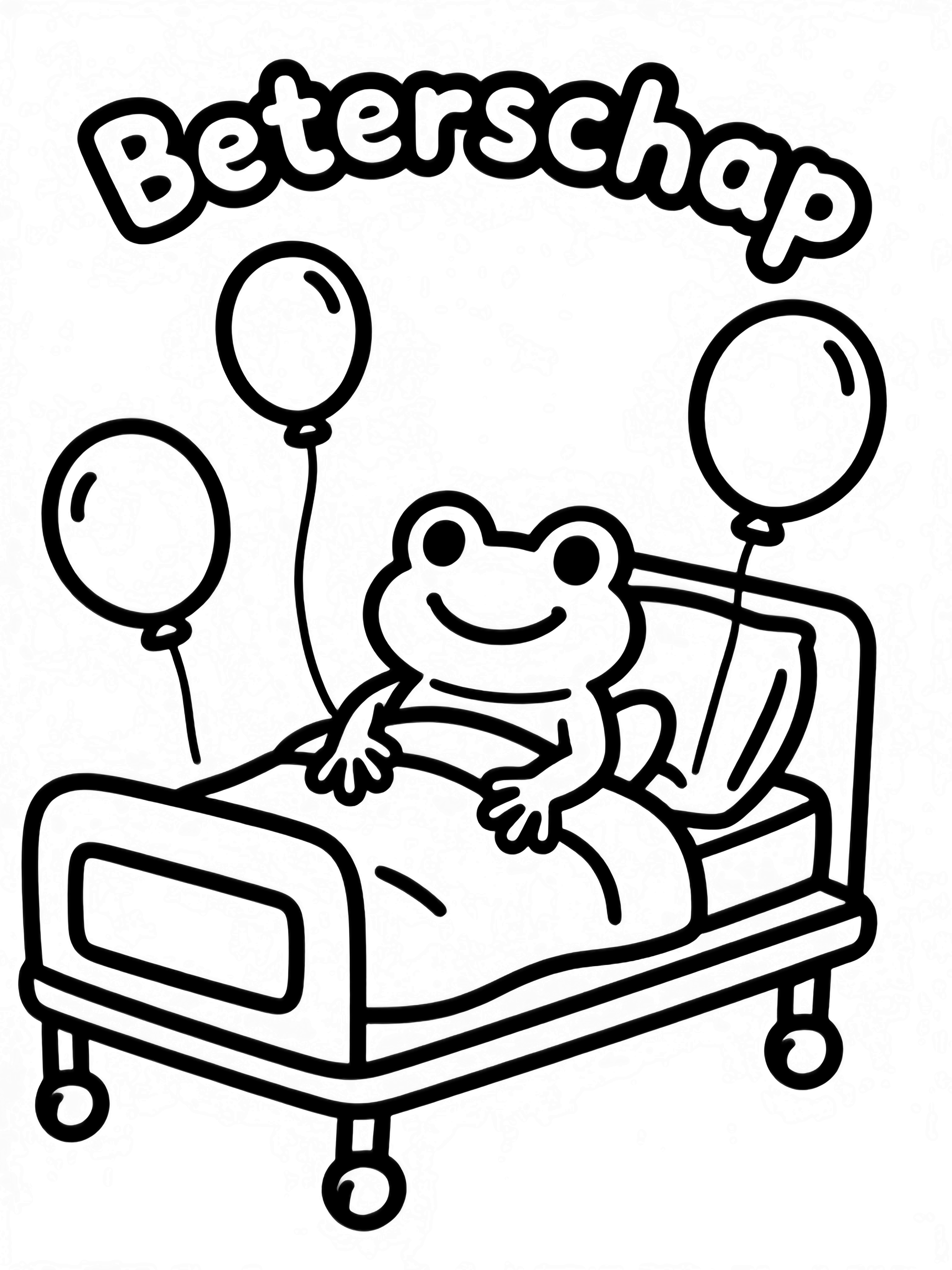 A smiling frog sits up in a hospital bed, surrounded by empty oval balloons; the Dutch word "Beterschap" curves overhead. kleurplaat
