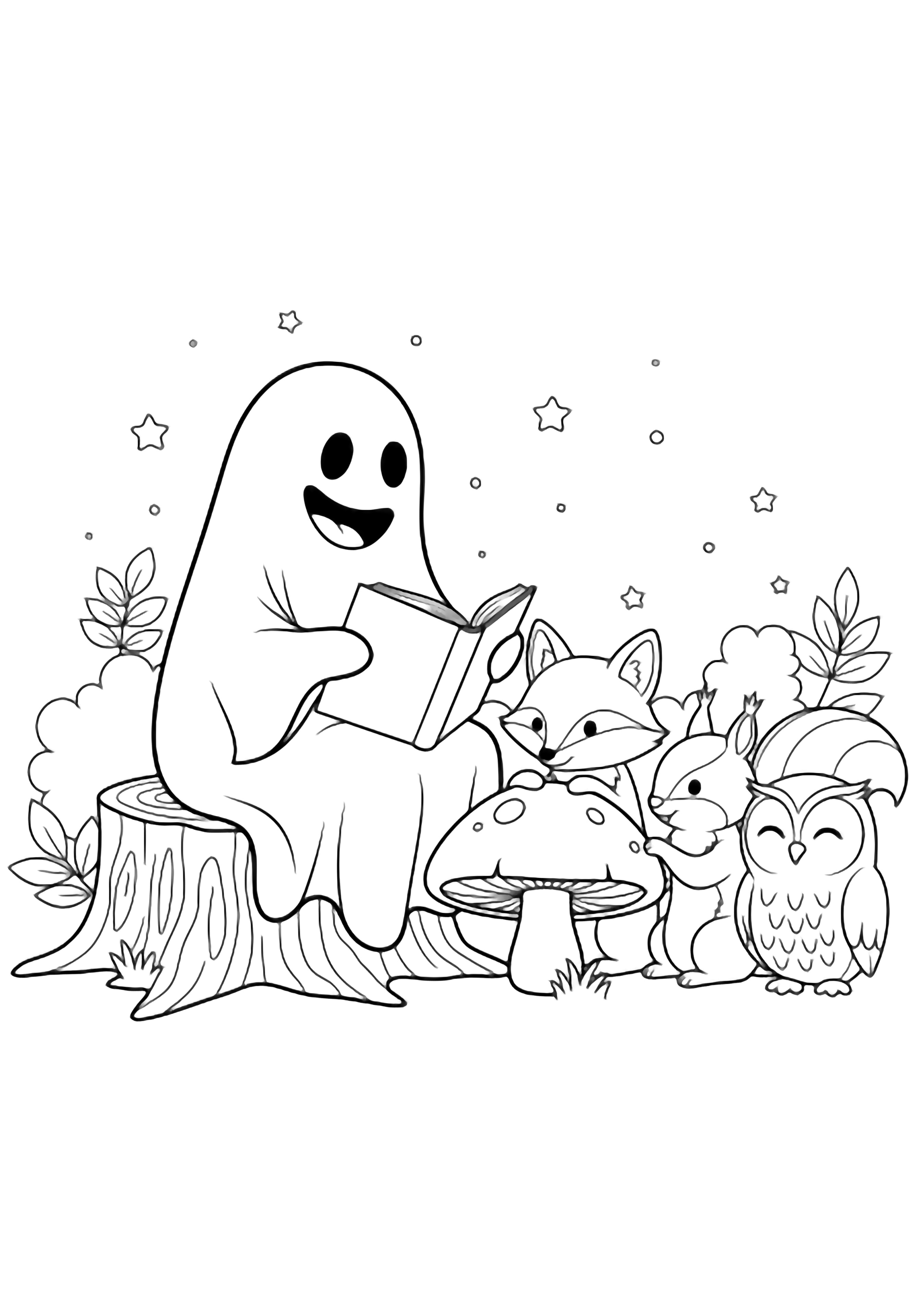 A cheerful ghost on a stump shows a book to a fox, squirrel, and owl resting against a mushroom amid stars and leaves. kleurplaat