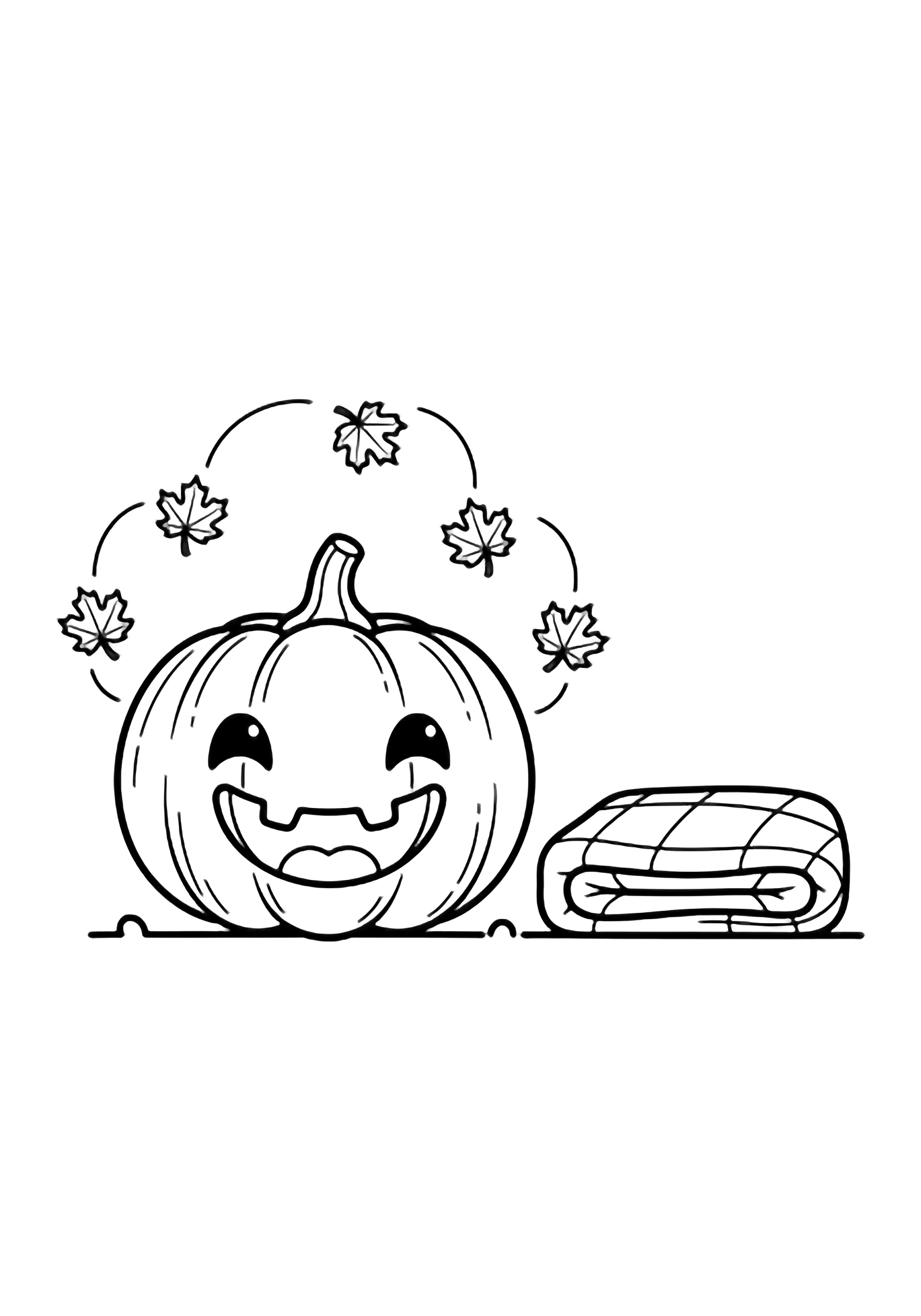 A smiling kawaii pumpkin sits centered while five tiny maple leaves spiral around it and a simple folded blanket rests to the right on empty ground. kleurplaat
