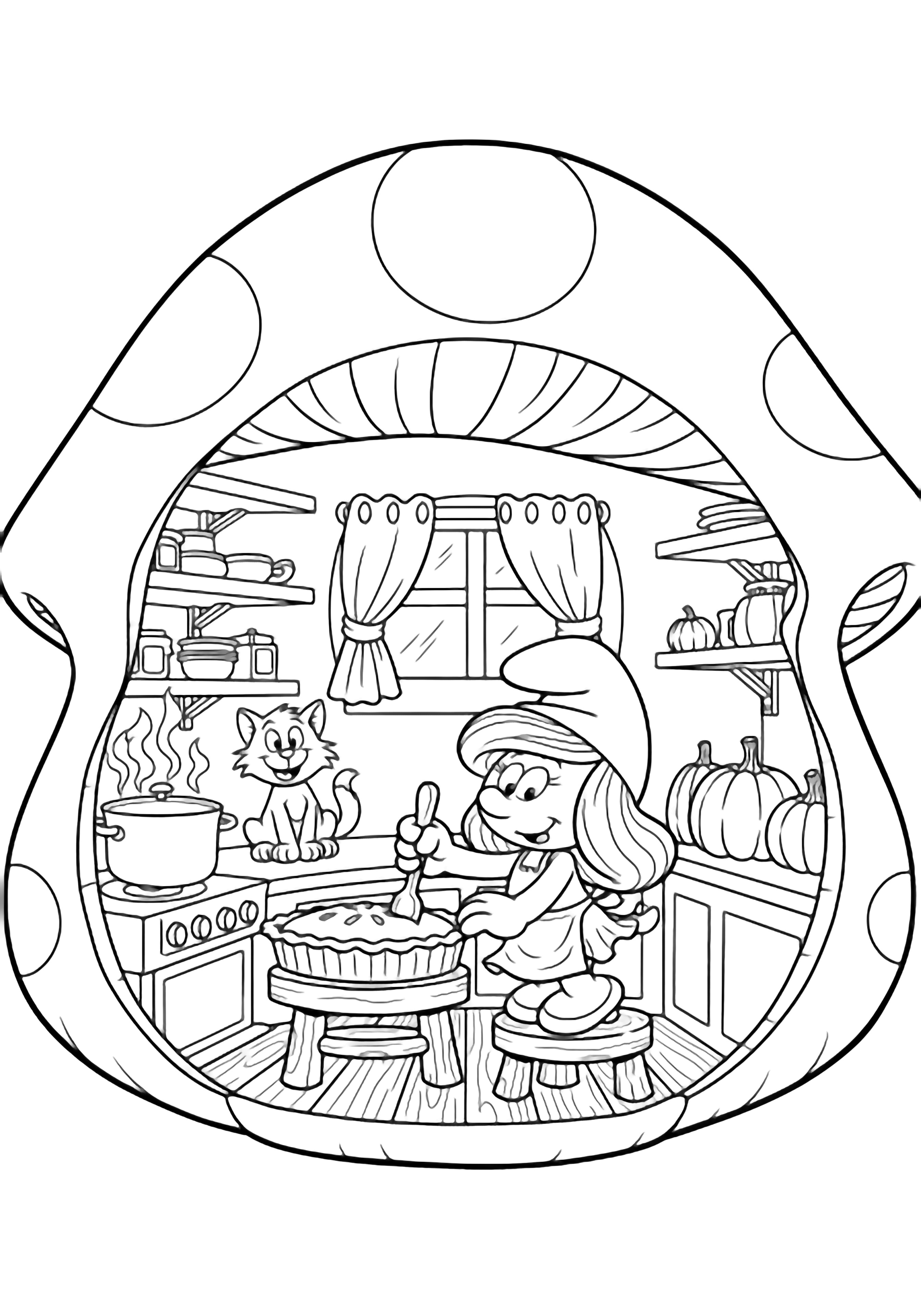 Smurfette stands on a stool stirring a pie tin inside a hollow mushroom kitchen; shelves, curtained window, steaming pot, cat, pumpkins on counter, wood floor. kleurplaat