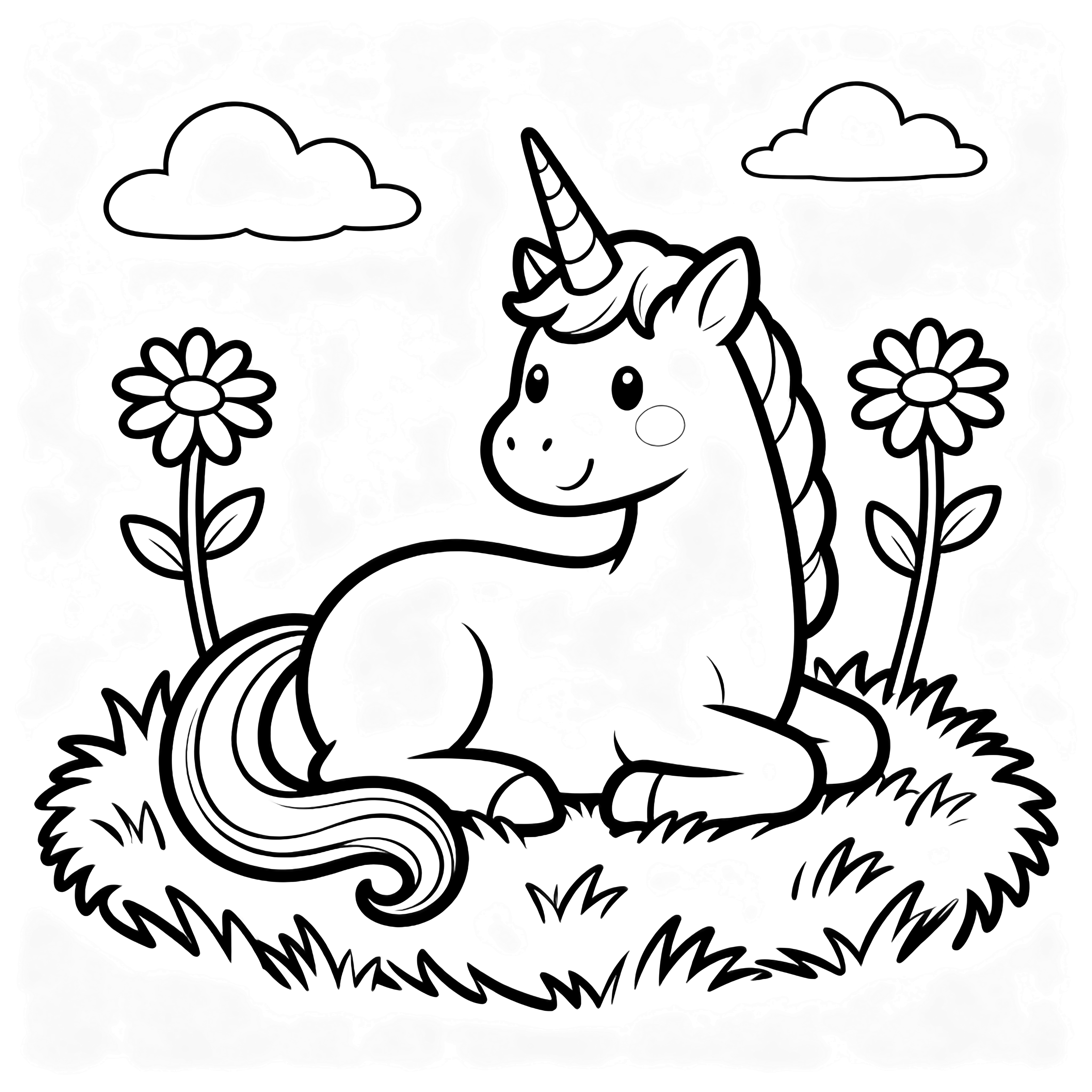 A smiling unicorn lounges on tufted grass, its tail curling beside two daisy stems; simple clouds drift overhead. kleurplaat