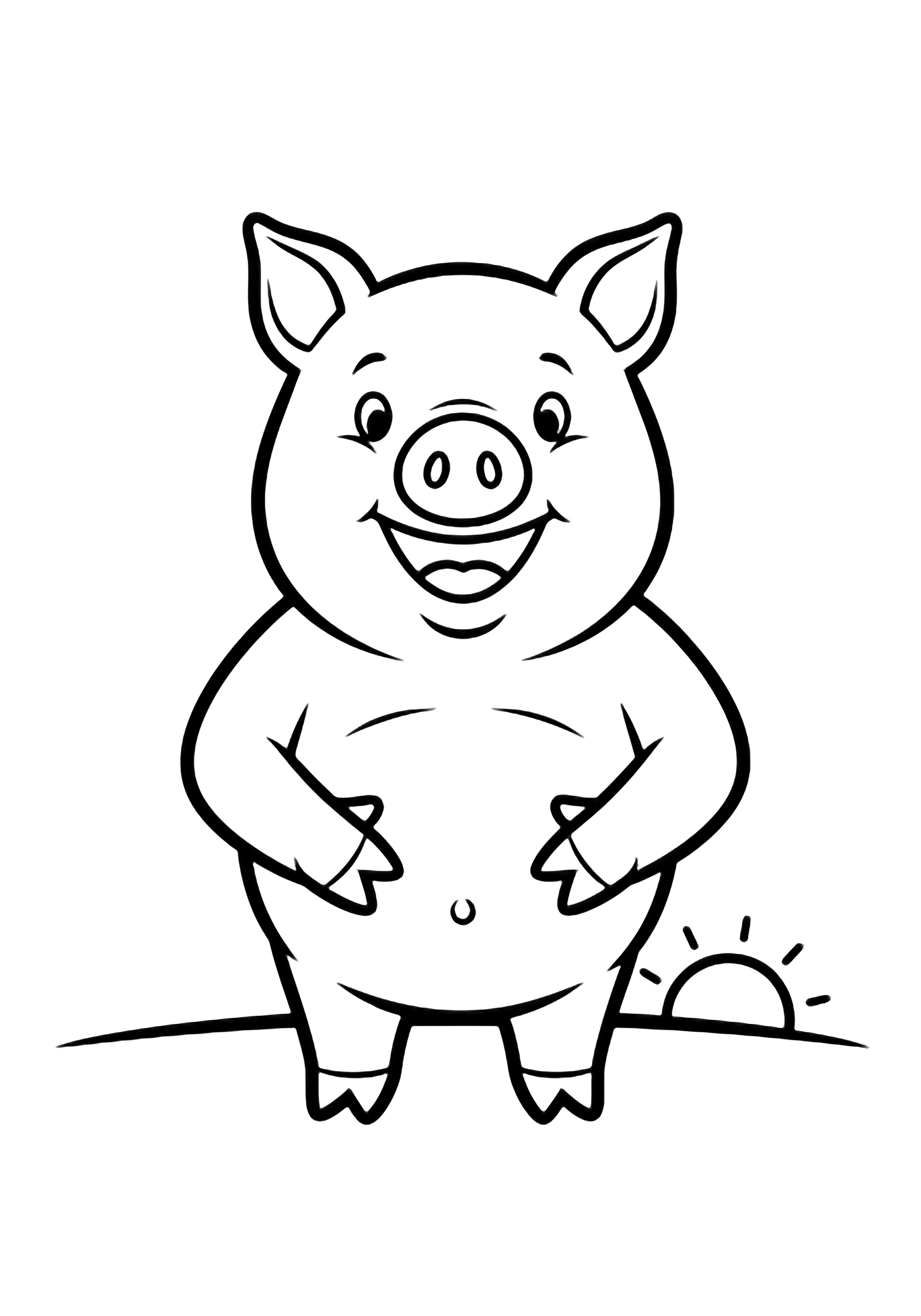 George Pig stands smiling, hands on tummy, ears up, small sun behind, simple ground line kleurplaat